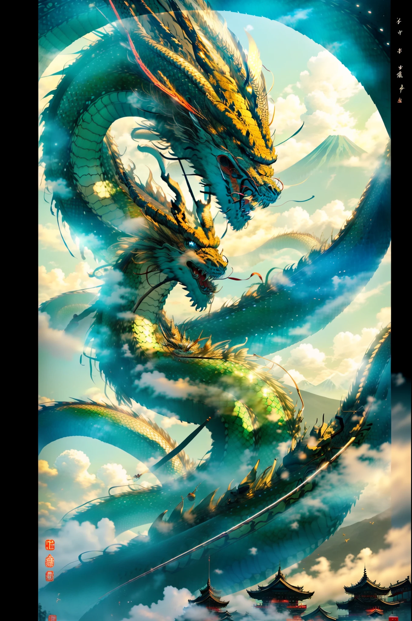 mont. Fuji in Japan１piece、(One Chinese dragon flies in the sky while approaching the screen from behind the screen、Dragon with a very long body１bolt、Featuring a symmetrical dragon face)、The sun is the zenith、Auspicious、