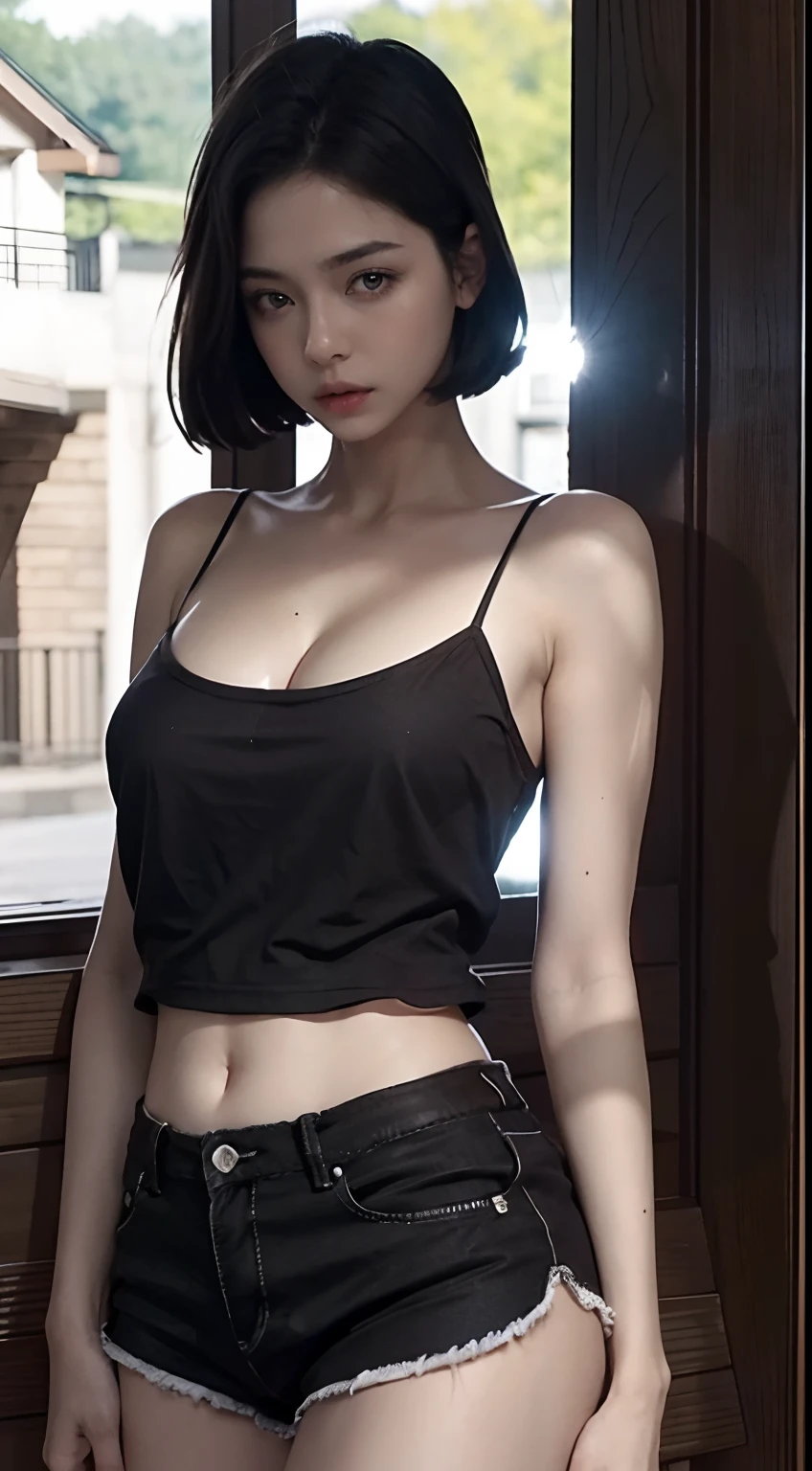 sooahdef, black hair, blue eyes, short hair
looking to the side, solo, breasts, parted lips, large breasts, looking away, camisole, cowboy shot, 1girl, black shorts, shorts, short shorts, bare shoulders, collarbone, cleavage
masterpiece, best quality