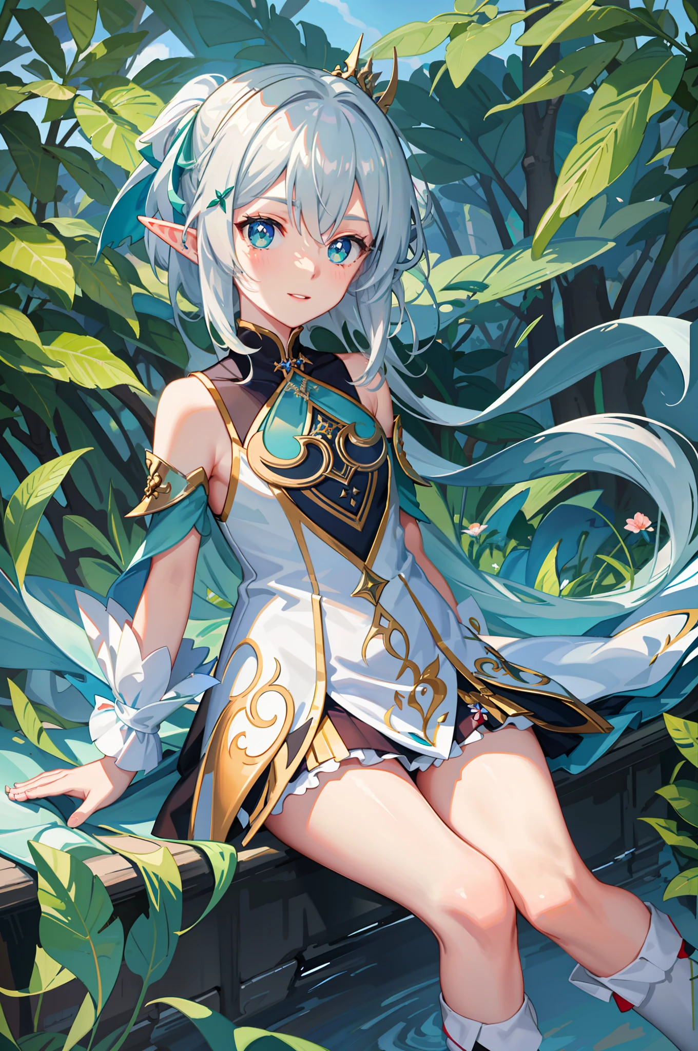 White-haired anime girl sitting on bench on grass, alluring elf princess knight, Elf Girl, high detailed official artwork, elf girl wearing an flower suit, Elf Princess, trending on artstation pixiv, Extremely detailed Artgerm, Portrait Chevaliers du Zodiaque Fille, portrait of an elf, Keqing from Genshin Impact, astri lohne，torino aqua, 1girll, :D, By bangs, cropped shoulders, Bracers, tree branch, buliding, colored tips, commentaryrequest, cross-shaped pupils, crossed bangs, crystal, Crystal flying insects\(Genshin Impact\), Sleeve separation, dot nose, shift dresses, tiny faeries, the feet, florals, flower request, Pedras preciosas, Genshin Impact, Gradient hair, green-eyed, Green gemstones, Green hair, hair adornments, A high resolution, lace decorations, Leaf hair ornaments, Light blush, looking at viewert, colorfulhair, Nahida \(Genshin Impact\), naturey, without wearing shoes, A piano, with her mouth open, hands out, lips parted, pillar, pointy ears, Red flower, rosette, short  skirt, short- sleeved, shorter pants, pony tails, Lateral hair, sitted, 无袖，sleevelessdress，ssmile，sockes，独奏，stairways，Stirrup leggings，pupils in symbol shapes，upper legs，Closed-toe leggings，Toes，Turin light green，The tree，Two-tone dresses，two tone color hair，Eau，waterfallr，white dresses，White flowers，White hair，White shorts，White  socks，yokozuwari，