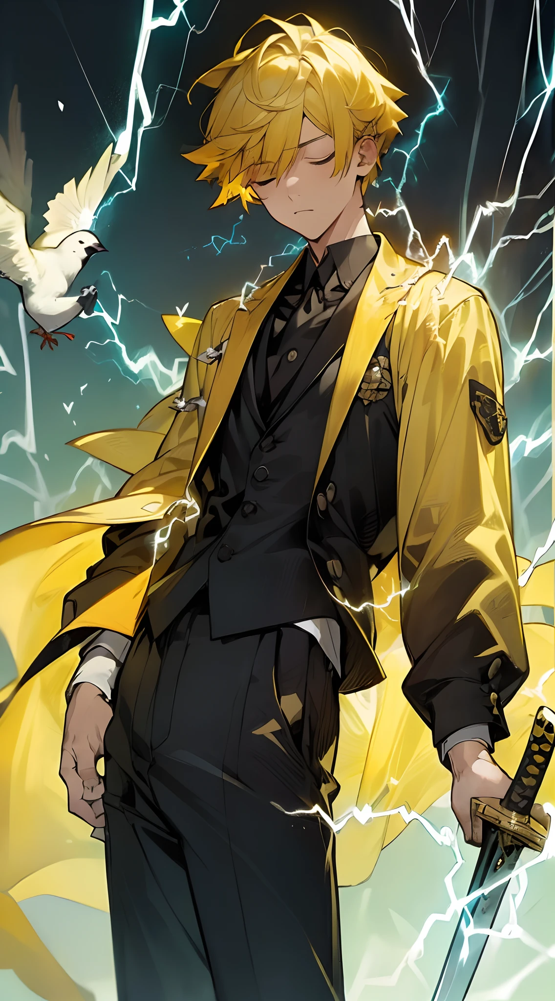 (((master piece))),((best quality)),((((town)))),detailed,1boy,solo,resting, yellow hair,just suit,pants,closed eyes,(((electricity))),katana,holding sword,bird, animal,animal on shoulder,ultra detailed face