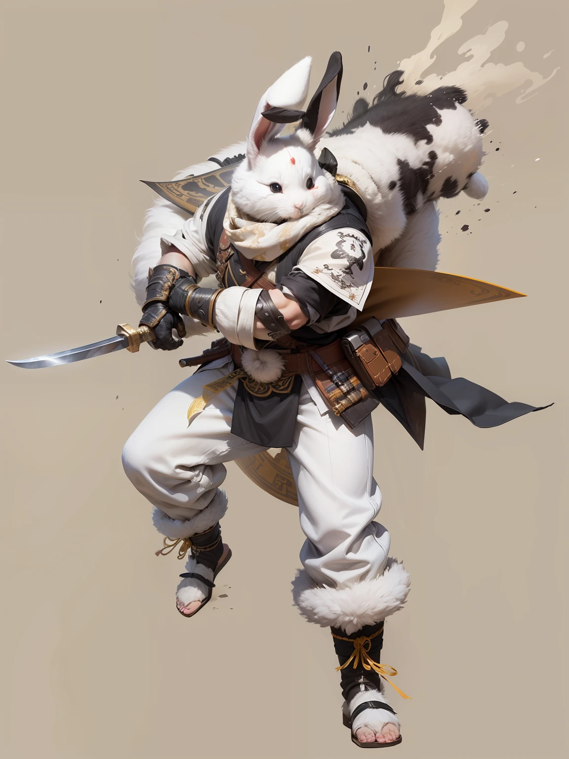 a full body shot, long shot of a cute fluffy white humanoid rabbit bandit with bandana head band, old parchment paper character sheet 24k resolution highly detailed photorealistic, realistic sketch, Rough sketch, mix of bold dark lines and loose lines, bold lines, humanoid, centered, focus on character, large samurai sword, and machine guns and fluffy bunny feet, ruff battle worn visage dusty cute.