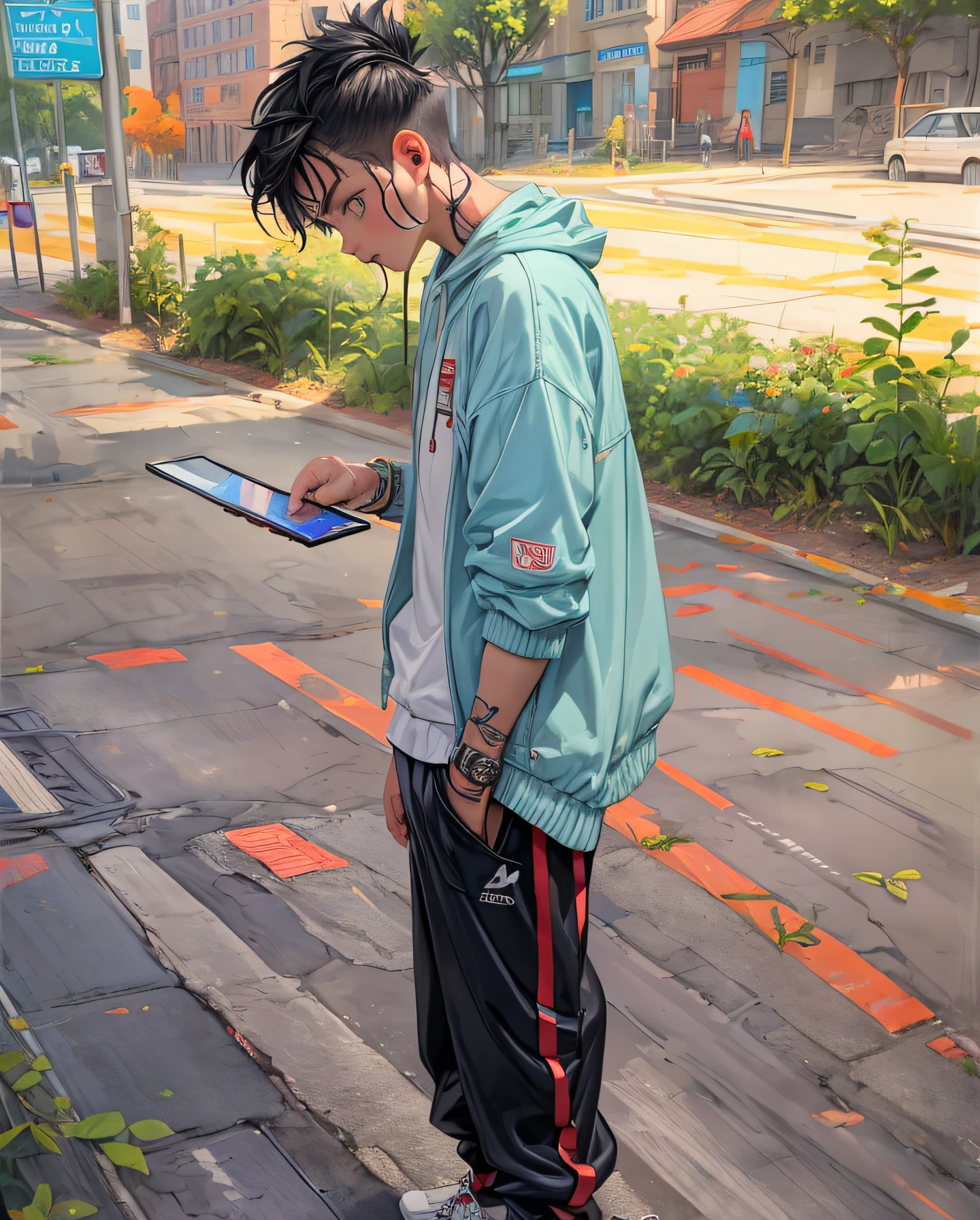 a masterpiece,Bestquality,offical art,8kwallpaper,Extremely Detailed,Illustration,1BOY,Trendy outfits,watch,sneaker shoes,squat down,Hands droop naturally,Hooded jacket,Street side,