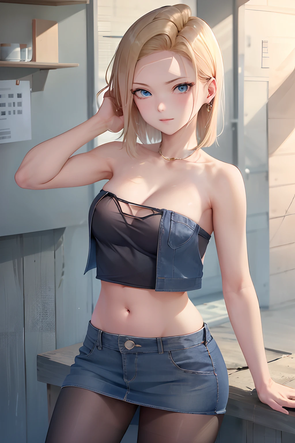 top-quality, hight resolution, 18 with, 1girl, Android 18, 独奏, blonde hair, blue eyess, shorth hair, 耳环, jewely, Denim Vest, open vest,, Black shirt, Denim Mini Skirt,sleeveless、Beautiful facial features、Beautiful belly button、beautiful thigh、 a blue skirt, medium breasts, cowboy shot, street, off shoulders, Strapless,