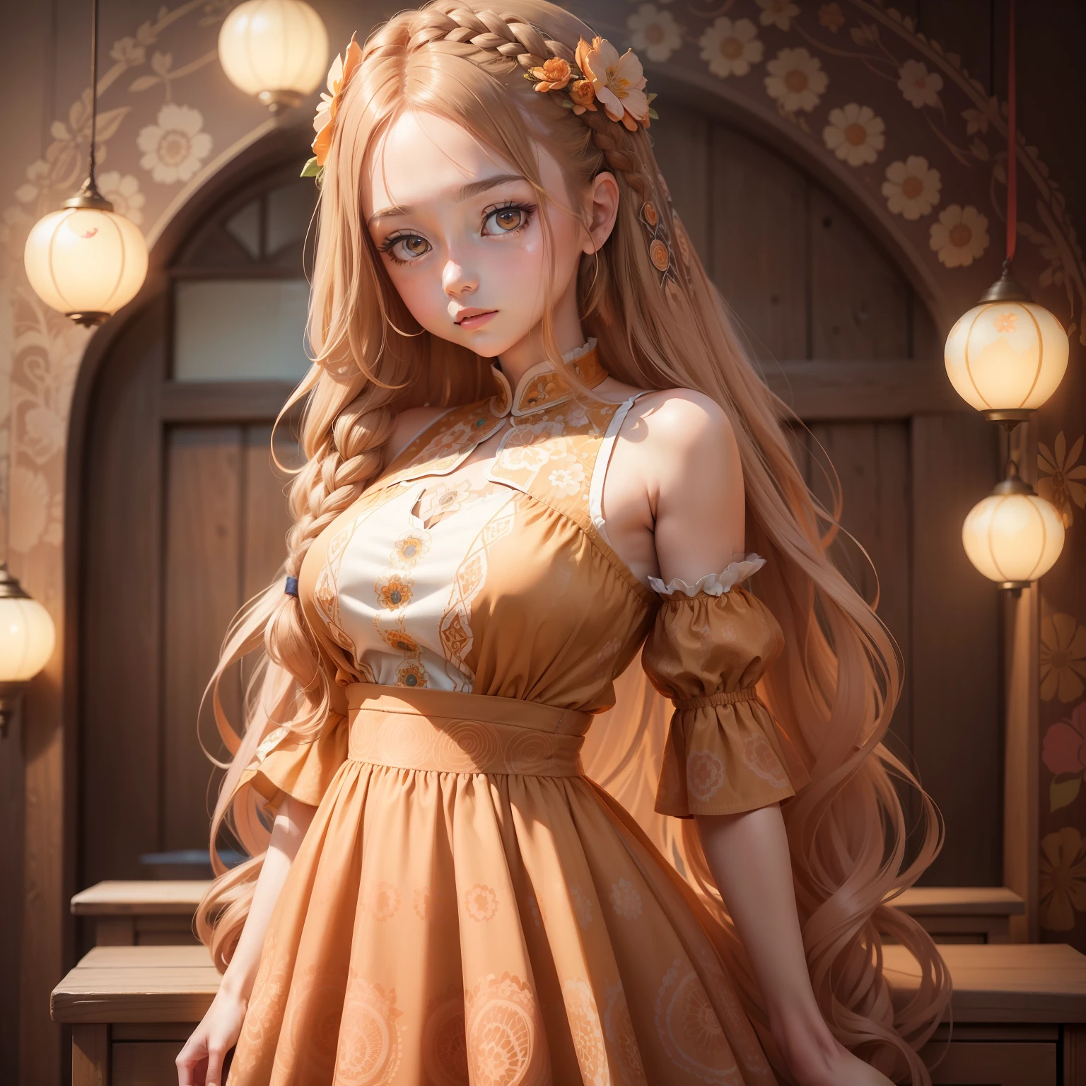Masterpiece,Beautiful and pretty girl,long hair braided in apricot color,,Light brown glowing eyes,Retro Flower PrintのHeart Cover Dress,(upper body shot:1.2) flower-shaped zentangle,Photo 8k