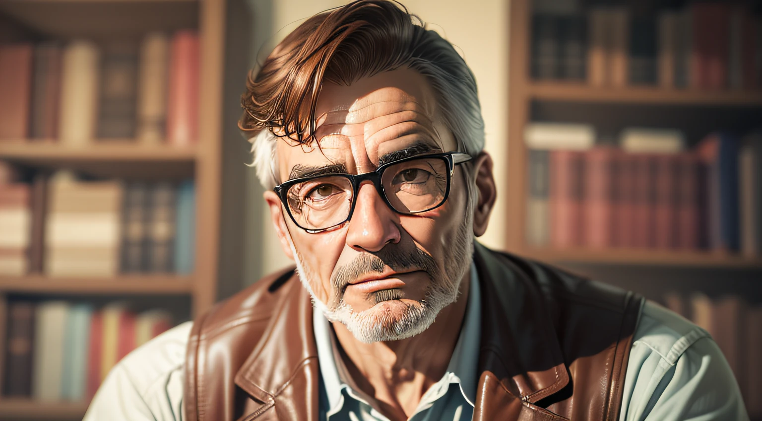 Desenho, ultra realista, 8k, extremamente detalhado, na melhor qualidade, um homem, looking 50 years old, professor, com barba, and glasses, sentado em uma poltrona, em uma biblioteca grande, com livros antigos, contador de historias, estilo indiana jones, rosto bem definido, olhos castanhos