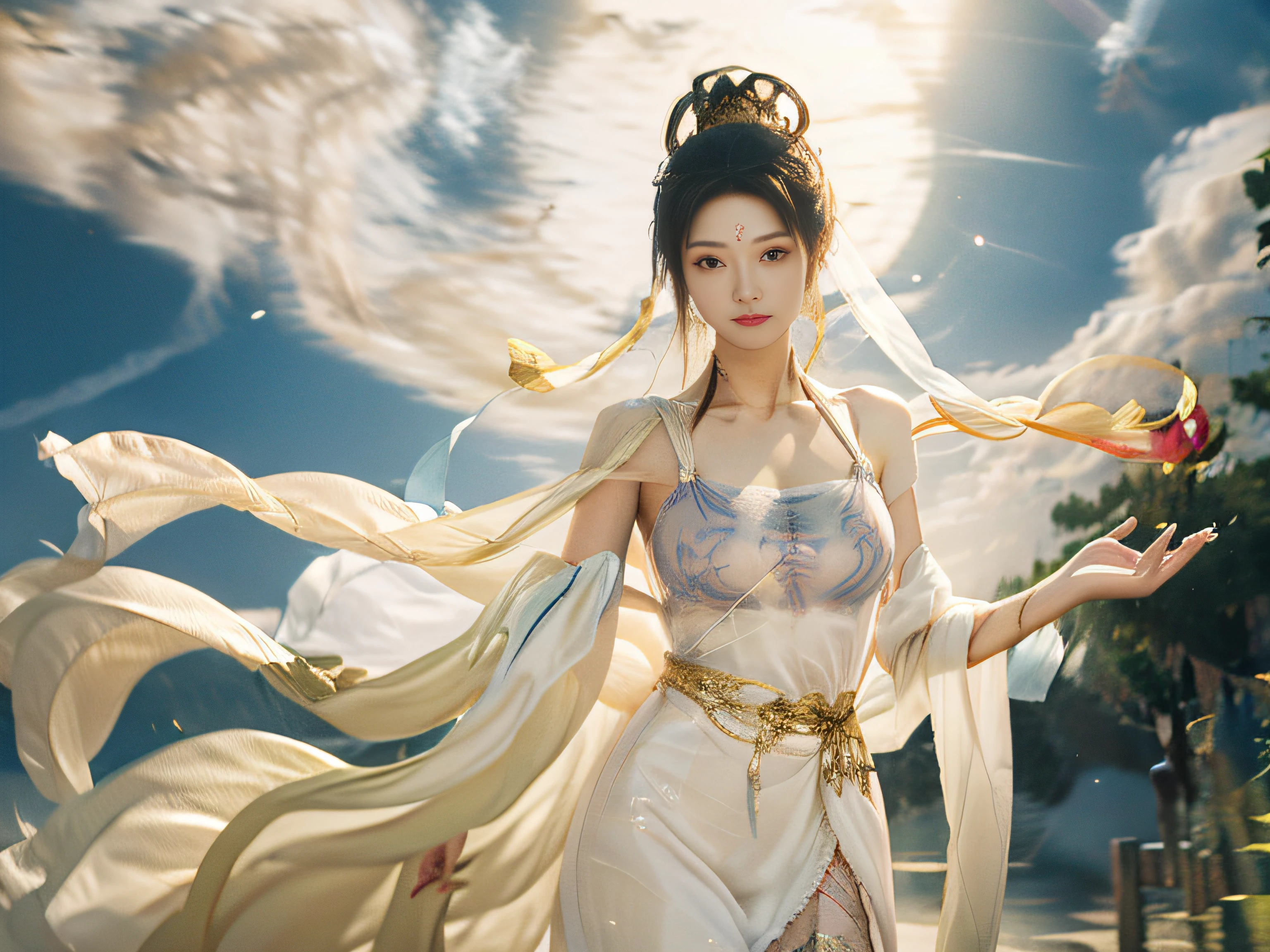 masterpiece,ultra realistic,32k,extremely detailed CG unity 8k wallpaper, best quality, 1 girl, (White robe), In a captivating scene, Exquisite and beautiful features, Big eyes look at you, Dance, Dunhuang costumes, Dunhuang style, Arms, Dance with the ribbon, Multicolored ribbons，golden jewelery, Ancient Chinese hairstyle, gossamer, Streamers, Flying in the air，Light makeup, eye shadows, Brow line, (face), dynamics, Petals flying, Details, jewelry, Earrings, bangle, bshoulders, Complex textures, chest, Guqin, conduit, Natural expression, Charming smile, A beautiful woman in a flowing white Chinese robe is flying in the air, Soar through the clouds. The wind gently lifts her robe, Emphasize the feeling of flying，As they fly gracefully over the ethereal cloud scene