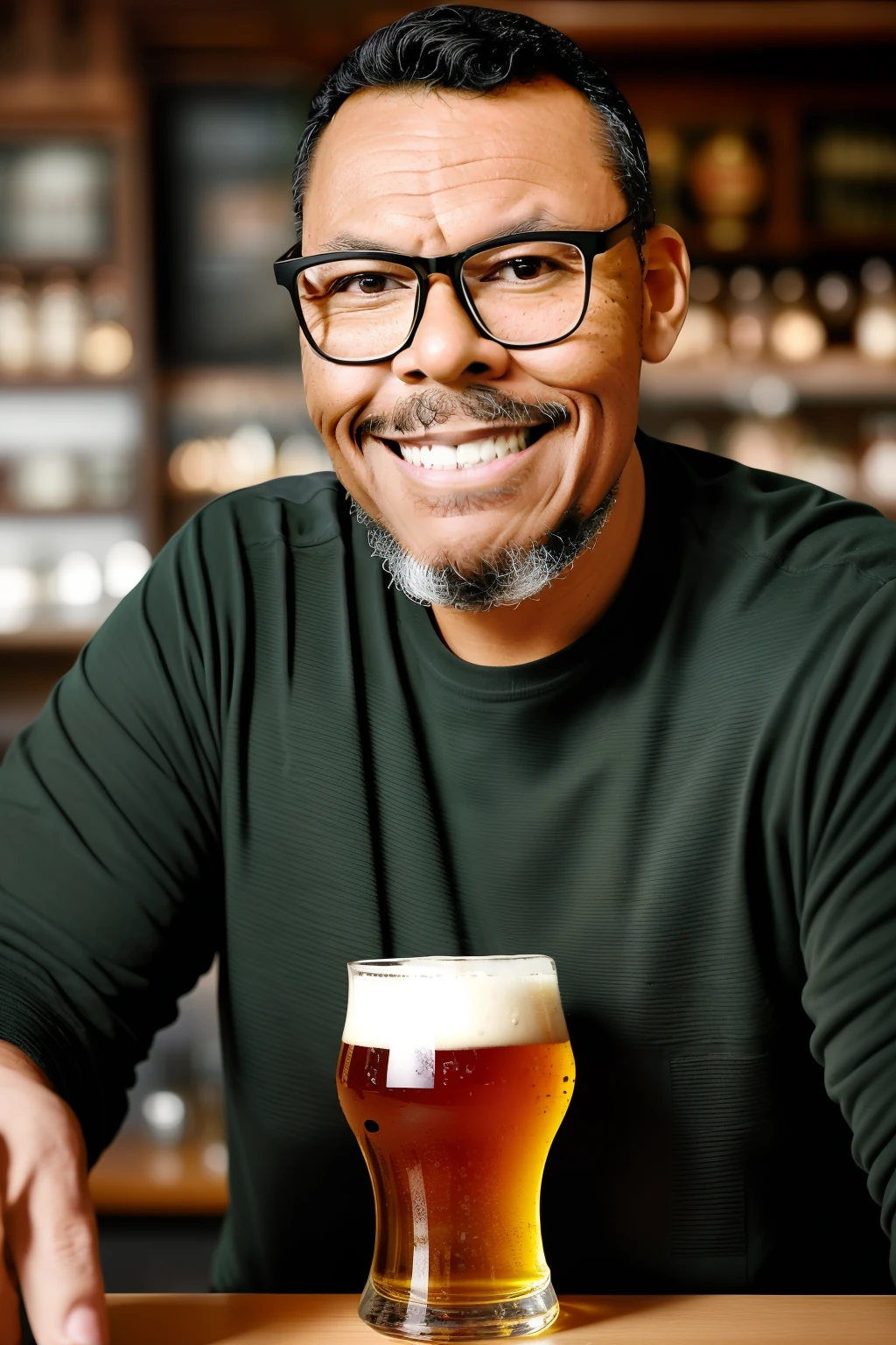 guttonervision8, Crafting a captivating half-length portrait, a man with glasses exudes a contented smile as he gazes directly at the viewer. Seated at an English pub's counter, he revels in the pleasure of the moment. Before him, a frothy beer mug and an inviting beer bottle create an enticing tableau.

This work of art boasts a scale factor of 1.3, delving into the realm of hiper-realism. Every intricate detail is meticulously rendered, from the textures of his glasses to the subtle nuances of his expression. The transition to fotorrealism is seamless, presented in dazzling 8K Ultra High Definition with a scale factor of 1.3, making the scene come to life in unparalleled clarity.

Chiaroscuro, the masterful interplay of light and shadow, imbues the composition with depth and drama, achieving a hiper-detailed effect with a scale factor of 1.2. The studio photography technique captures not only the subject's visage but also the inviting atmosphere of the pub, beckoning you to savor the visual and emotional layers of this remarkable portrait..