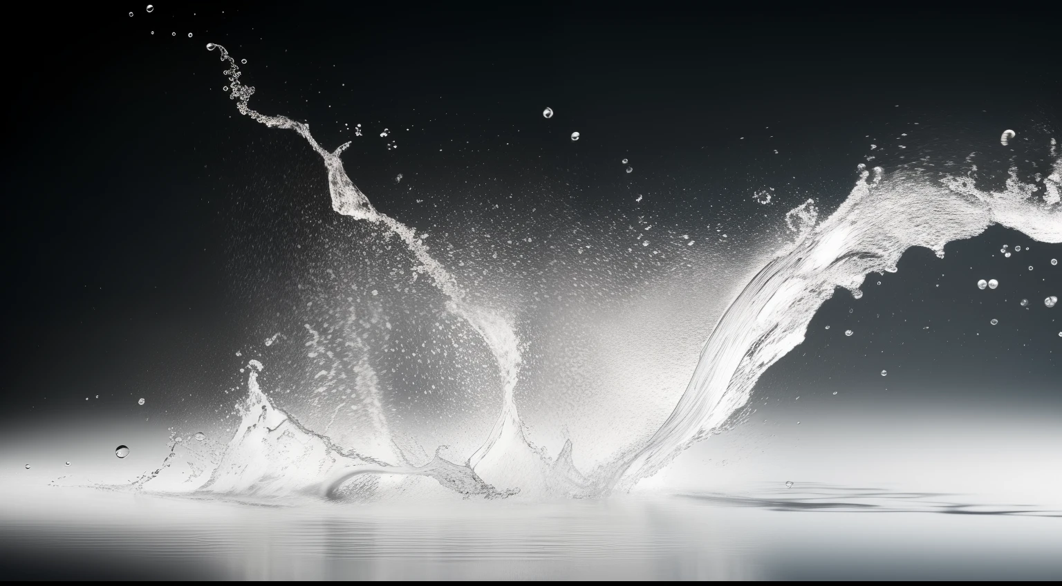 Use white on a black background to depict the effect of splashing water，Transparent splash，Entry view，Large droplets
