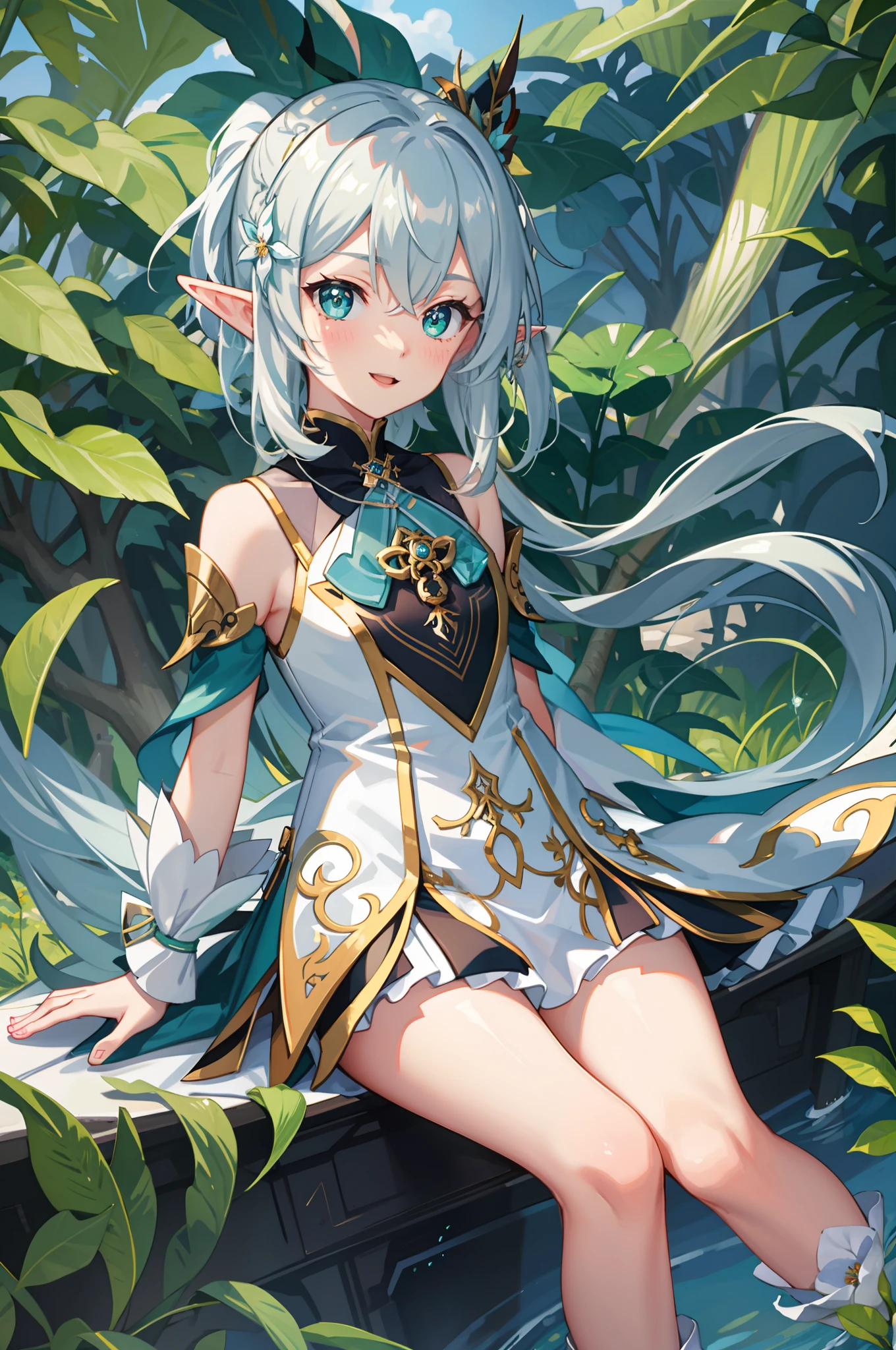 White-haired anime girl sitting on bench on grass, alluring elf princess knight, Elf Girl, high detailed official artwork, elf girl wearing an flower suit, Elf Princess, trending on artstation pixiv, Extremely detailed Artgerm, Portrait Chevaliers du Zodiaque Fille, portrait of an elf, Keqing from Genshin Impact, astri lohne，torino aqua, 1girll, :D, By bangs, cropped shoulders, Bracers, tree branch, buliding, colored tips, commentaryrequest, cross-shaped pupils, crossed bangs, crystal, Crystal flying insects\(Genshin Impact\), Sleeve separation, dot nose, shift dresses, tiny faeries, the feet, florals, flower request, Pedras preciosas, Genshin Impact, Gradient hair, green-eyed, Green gemstones, Green hair, hair adornments, A high resolution, lace decorations, Leaf hair ornaments, Light blush, looking at viewert, colorfulhair, Nahida \(Genshin Impact\), naturey, without wearing shoes, A piano, with her mouth open, hands out, lips parted, pillar, pointy ears, Red flower, rosette, short  skirt, short- sleeved, shorter pants, pony tails, Lateral hair, sitted, 无袖，sleevelessdress，ssmile，sockes，独奏，stairways，Stirrup leggings，pupils in symbol shapes，upper legs，Closed-toe leggings，Toes，Turin light green，The tree，Two-tone dresses，two tone color hair，Eau，waterfallr，white dresses，White flowers，White hair，White shorts，White  socks，yokozuwari，