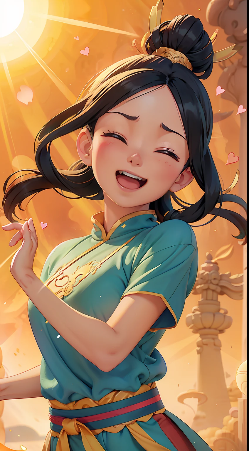 A girl, Comfortable sweater, Upper body, (huge Laughing:1.1), (Open mouth:1.1), (opens his eyes wide:1.2), Sun glare, Bokeh, Depth of field, The background is blurred out, Light particles, strong winds, (Heart particles:1.1),dunhuang,Chinese Ancient Times，(Flying:1.2)，Medium viewing angle