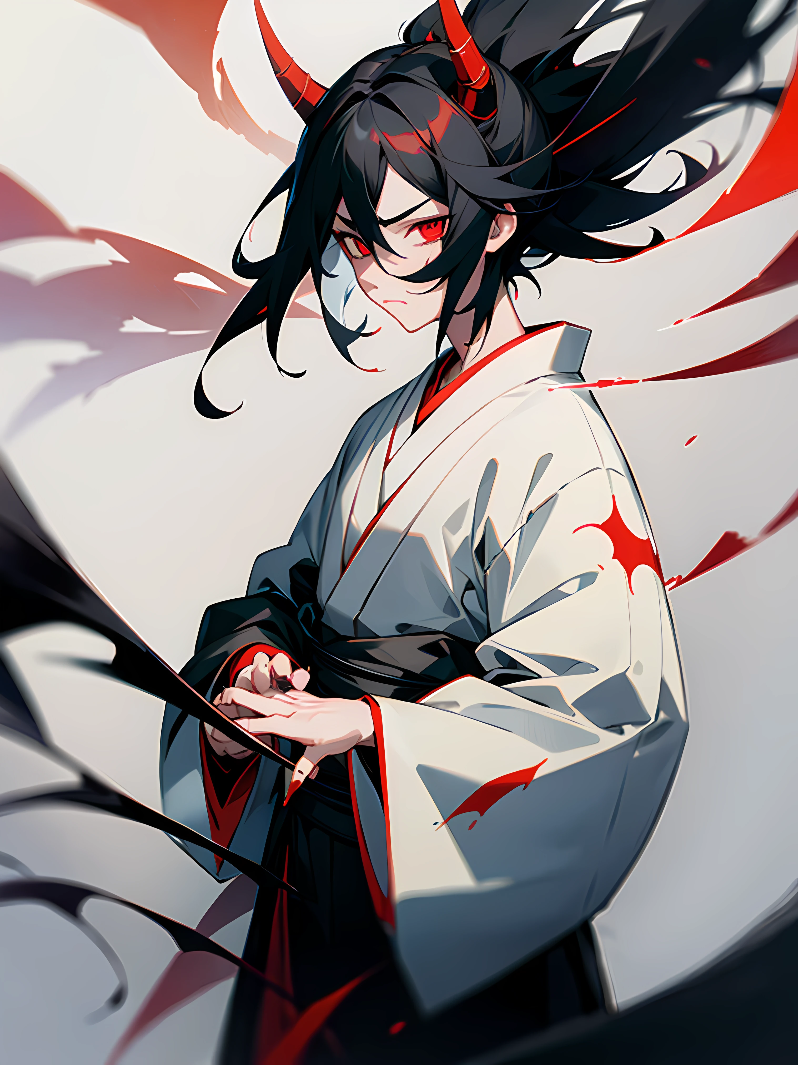 1boy, long half white and half black hair with a red outline, wearing a light-colored kimono tied with a dark-colored obi, his arms are black with blood red cragged markings while his fingers are blood red with black cragged markings and black fingernails, 1 black wing is on his right shoulder, 1 black horn is on the right side of his head, he has black sclera, his irises are red, he has black pupils that are slits, high res, ultrasharp, 8k, Masterpiece, looking at viewer