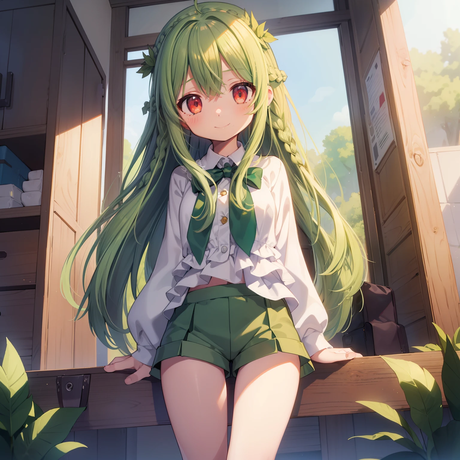 Beautiful illustration, Best Quality, ****************、(cute petit girl),Lori、((Green chino shorts layered with pure white tunic))、(The gap between the hem of the chino shorts and the thighs)、Thighs visible from the hem of shorts、Thigh gap、 Beautiful red eyes, Cinematic lighting,Euphoric smile、(Long green hair)、Braiding of the occipital part、occipital１Two large black ribbons