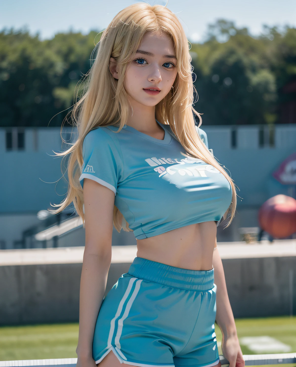 1girl, ((Blue Eyes)), smiley face, ((Sana Minatozaki)), wide hips, Big Boobs, big ass, (Best Quality, 8k, Masterpiece: 1.3)) ) , Clear Focus: 1.2, Perfect Body Beauty : 1.4, Slender Abs: 1.2, Wet Body: 1.5, Highly detailed face and skin texture, detailed eyes, double eyelids, (long blonde hair), (argentina t-shirt), (sports shorts), standing on a soccer field, grandstands in the background