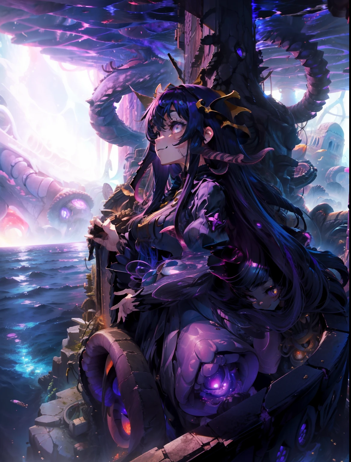 ((giantess girl. Under the deep sea:1.2)). Beautiful girl leans out from behind the church、Look down on us. The church sank to the bottom of the sea. Girl wears a purple Gothic ta style dress. She looks younger. Her eyes are big. she is smiling. Wriggling tentacles. Broken church. Girl peeking out from outside the veranda.