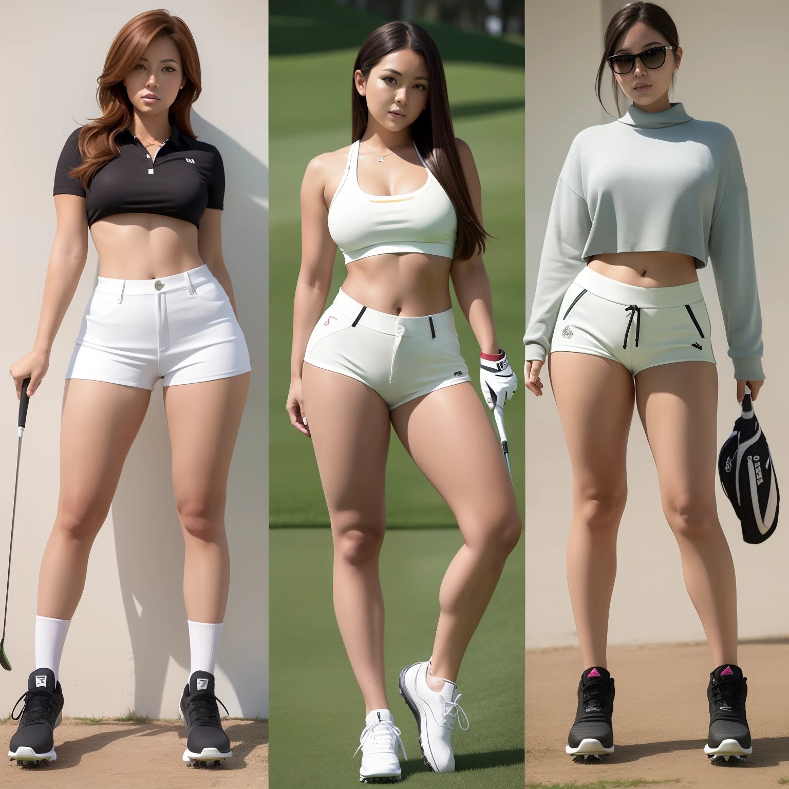 Images of women playing golf, One lady、Wearing golf shorts, leg and hip shot, Leg and thigh shots, good hips and long legs, skinny waist and thick hips, hip and leg shot, leg shot, large thighs, widest hips, professional sports style, Sporty, Long legs, Photograph of one person