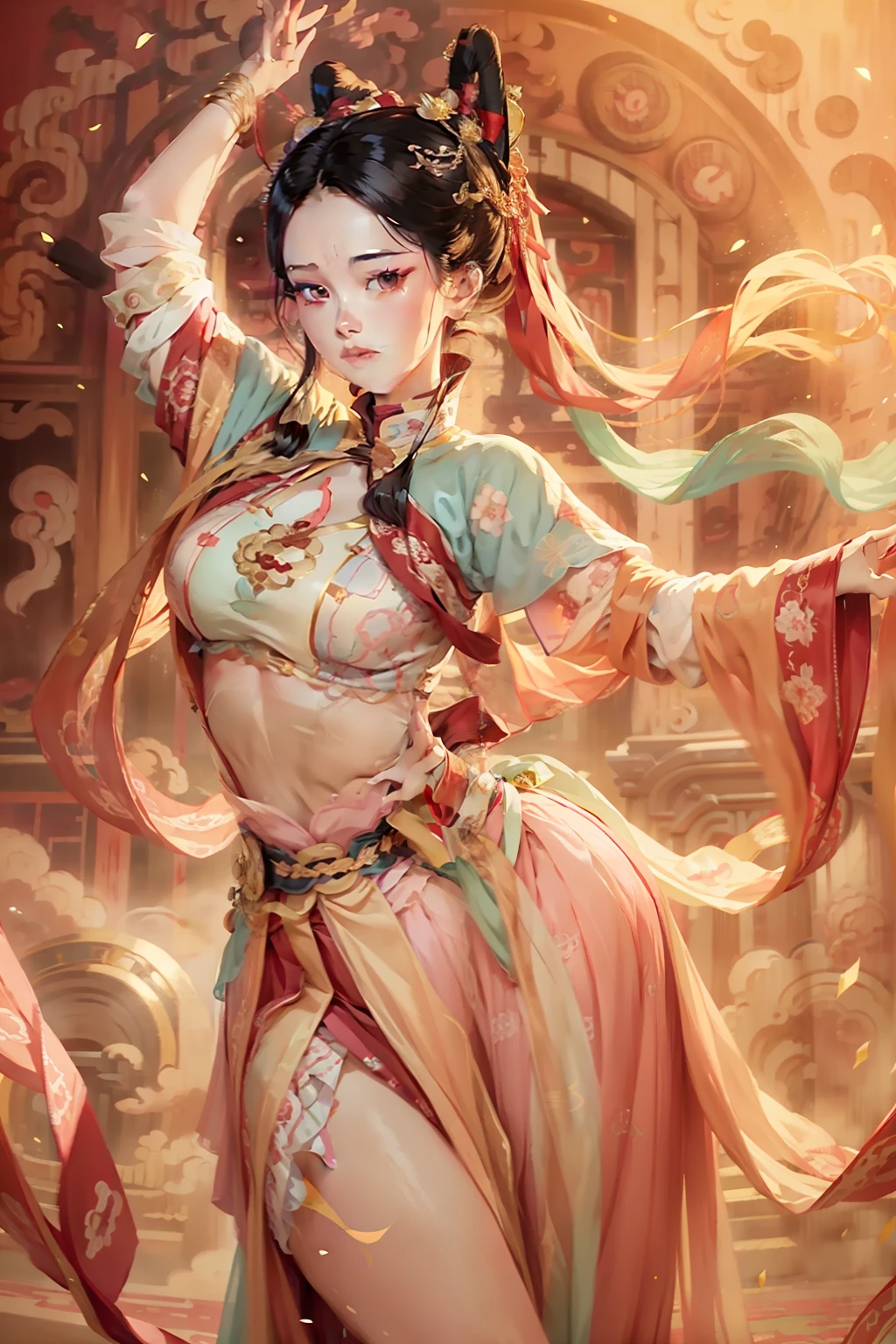 tmasterpiece,illustration,8K,25-year-old woman,Body slim,dances,period costume,Hanfu,(pastel colour:1.2)