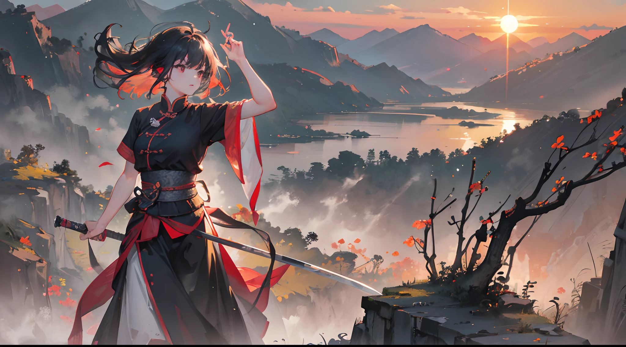 (Best Quality), (Masterpiece), (High Resolution), (Away from Camera), (Background Bokeh), (Backlight), Silhouette Lighting, Chinese Style, (Warrior), Sword in Hand, (Hairpin), Outdoor, (Standing on a Cliff), Hills, Bamboo Forest, ((Sunset Light))