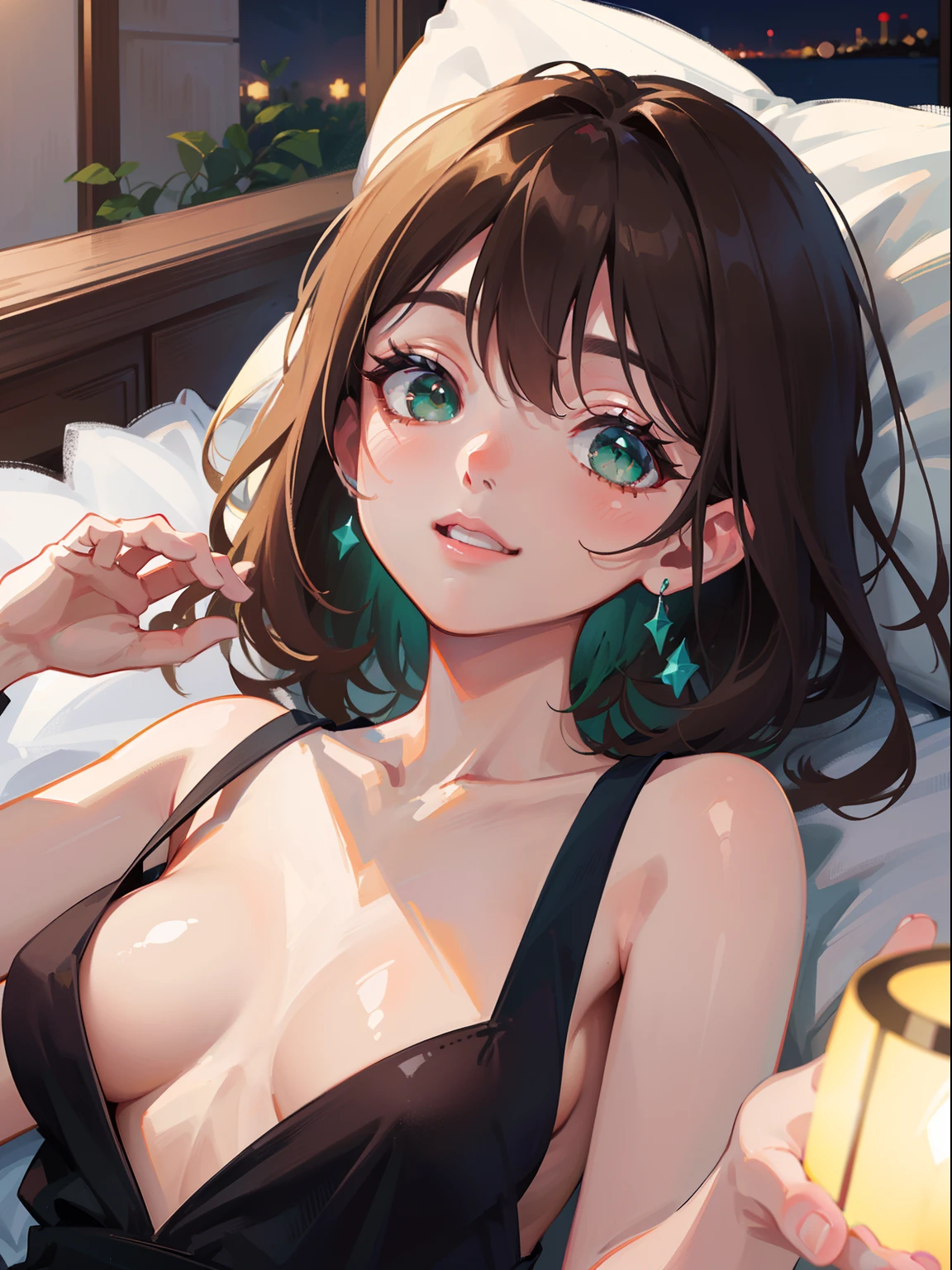 (masterpiece), best quality, beautiful detailed hair detailed face, ultra high res, sharp focus, ((1 woman, solo)), perfect feminine face, upper body, medium long shot, MLS, (at night time:1.5), in bedroom, ((lying on back in the bed)), (semi nude), black dress see through, ((beautiful shape eyes, green eyes)), chesnut brown hair, long hair, smiles