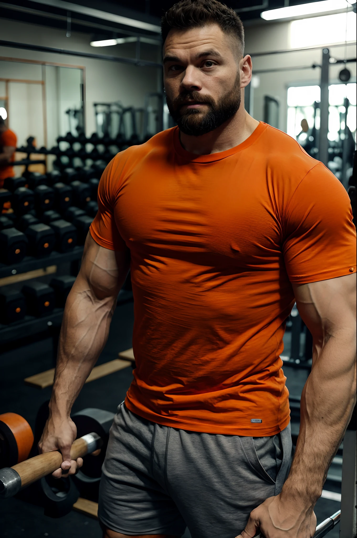Strong man wearing basic orange T-shirt. He's in a bodybuilding gym. Ambiente meio escuro com algumas luzes ao fundo