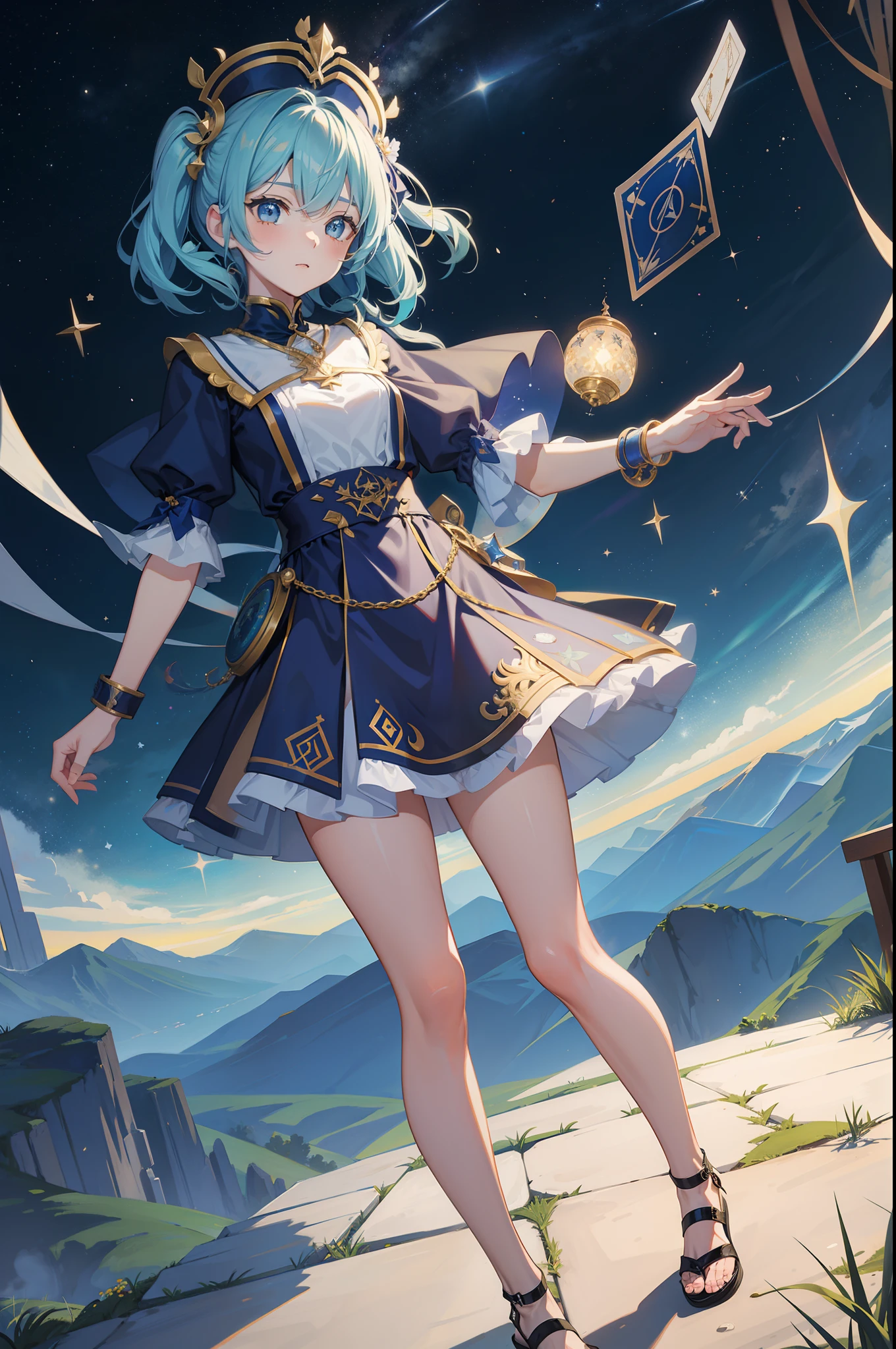 Tarot cards floating in the starry sky