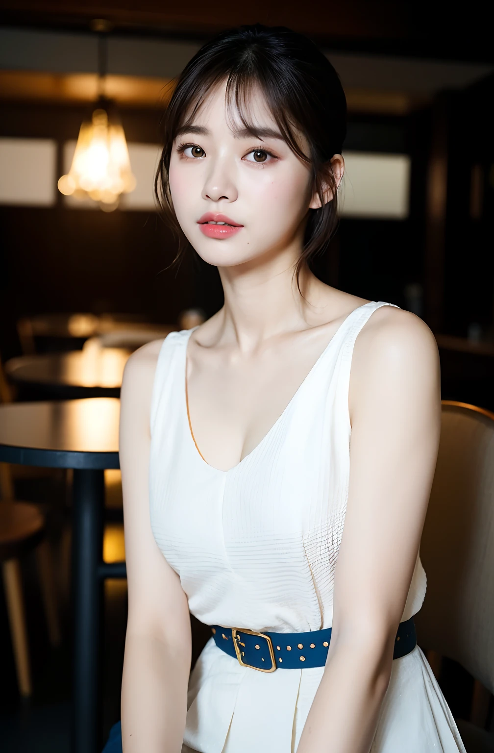 ((8K:1.27)、top-quality、masterpiece、超A high resolution:1.2)Photo Beautiful Japan woman(pleasing:1.1) Elegance、There is a good、Gradient lighting、1girl in、Delicate skin、Look here、Brown-eyed、(short hair with bangs:1.2)、(Medium chest:1.0)、(medium areola:0.8)、(realisitic:1.4)、(top-quality:1.0)、(超A high resolution:1.0)、8K、Raw photography、(masterpiece:0.2)、(pureerosface_v1:0.5)、 60s fashion、Retro dress、Classical、The neck design is roller color、White polka dots、Pop、a belt、Dot pattern、navy blue、Sleeveless、Kamimei、excited expressions、Red cheeks、want me、Staring at this、cafes、Table seating、subject、look down from above、Lean、、Watched、Good posture、up chest、up chest、