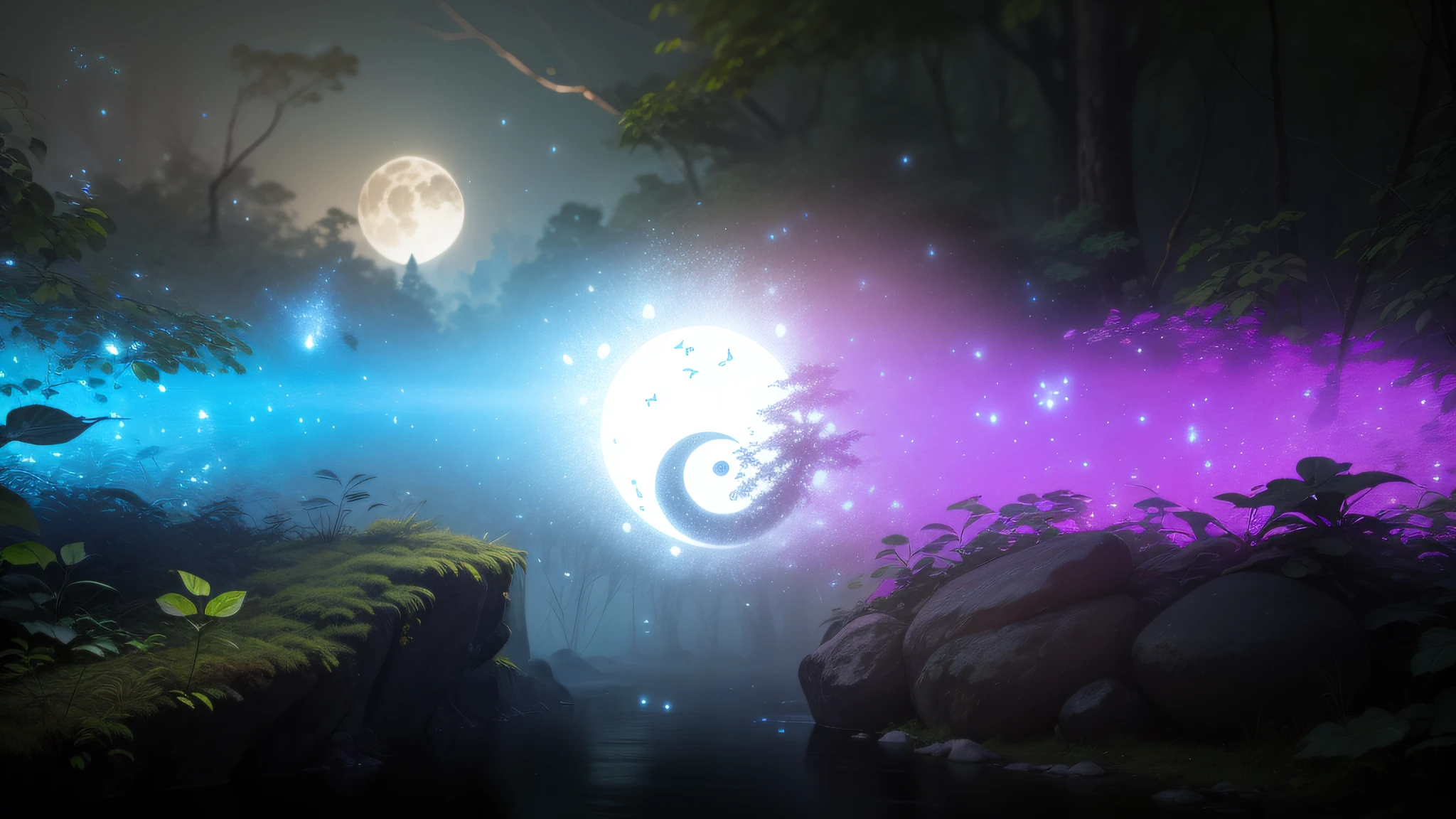 Yin and Yang. Light and Dark. Ice and Fire. A masterpiece, the best quality, impressive reflections, the best reflections of all time. (very detailed 8k CG unit wallpapers), (better quality), (best illustrations), (best shadows), forest theme with natural elements. Tall trees, quiet streams, small bright mushrooms surrounded by delicate leaves and branches, with fireflies and bright particle effects, (natural elements), (jungle theme), (leaves), (branches), (fireflies), butterflies, (delicate leaves), (brightness), (particle effects). , isometric 3D, octane rendering, ray tracing, super detailed --auto
