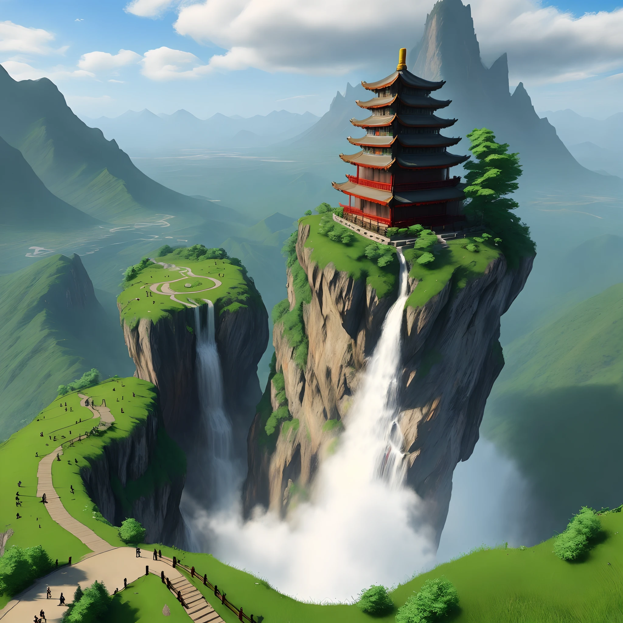 Steep mountains,There is a Taoist temple at the top of the mountain,Immortal Cultivator Royal Sword Flight,Hanging islands,The waterfall is cloudy in 3D。
