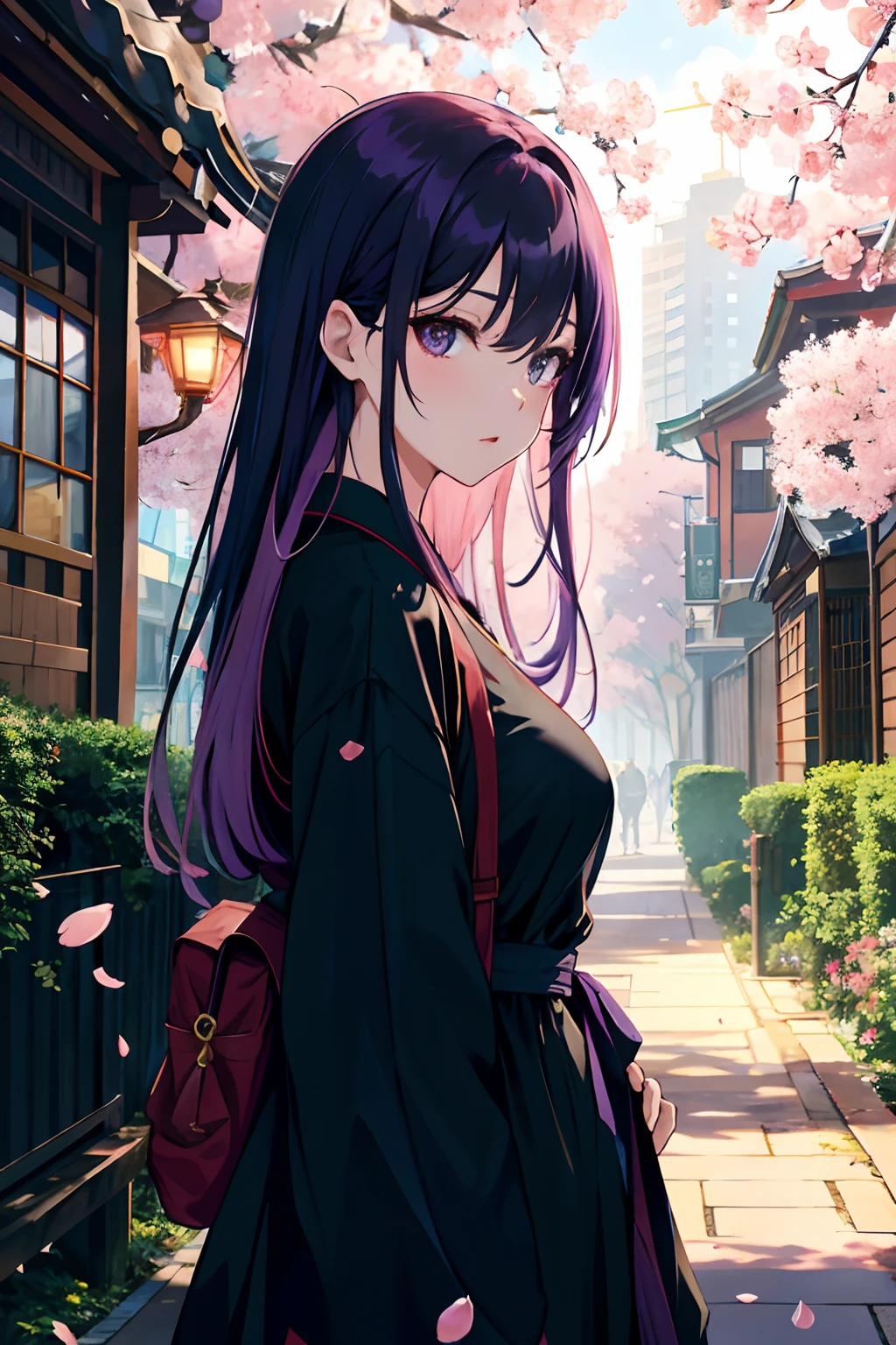 jpn, hight resolution, top-quality, illustratio, ultra-detailliert, (详细的脸), (detailedeyes), Soft lighting, top-quality, Hazy glow, dreamy ambiance, ultra-detailliert, masterpiece, from the front side, 1girl in, 独奏, long purple hair, Black eye, Black Dress, Bright eye,Colossal tits, (colourfull), cowboy shot, frombelow, outside of house, morning, Clear, skyscrapers in the background, Industry, public transport, Walkway, busy, The tree, springtime, Cherry blossom petals、A path lined with flourishing cherry blossom trees、lake、Rich in nature