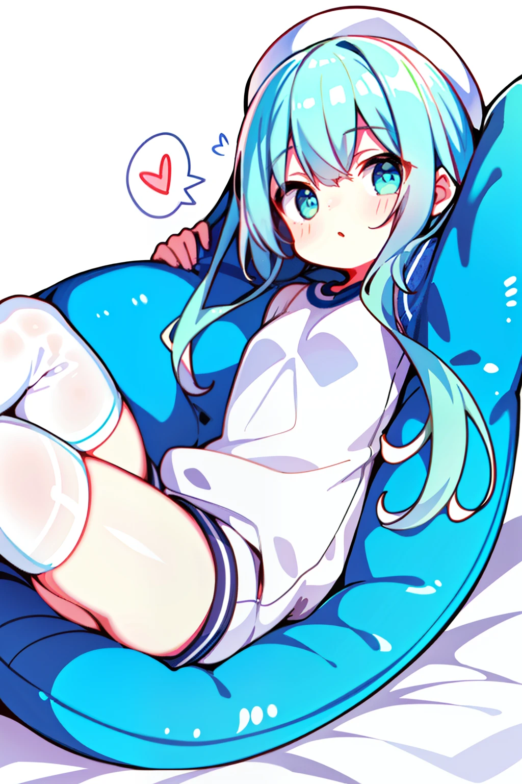 1loli,full bodyesbian,leisure wear,Fleshy legs,white stockings,Lie down in bed,Cute white background, (Speaking heart:1.4)