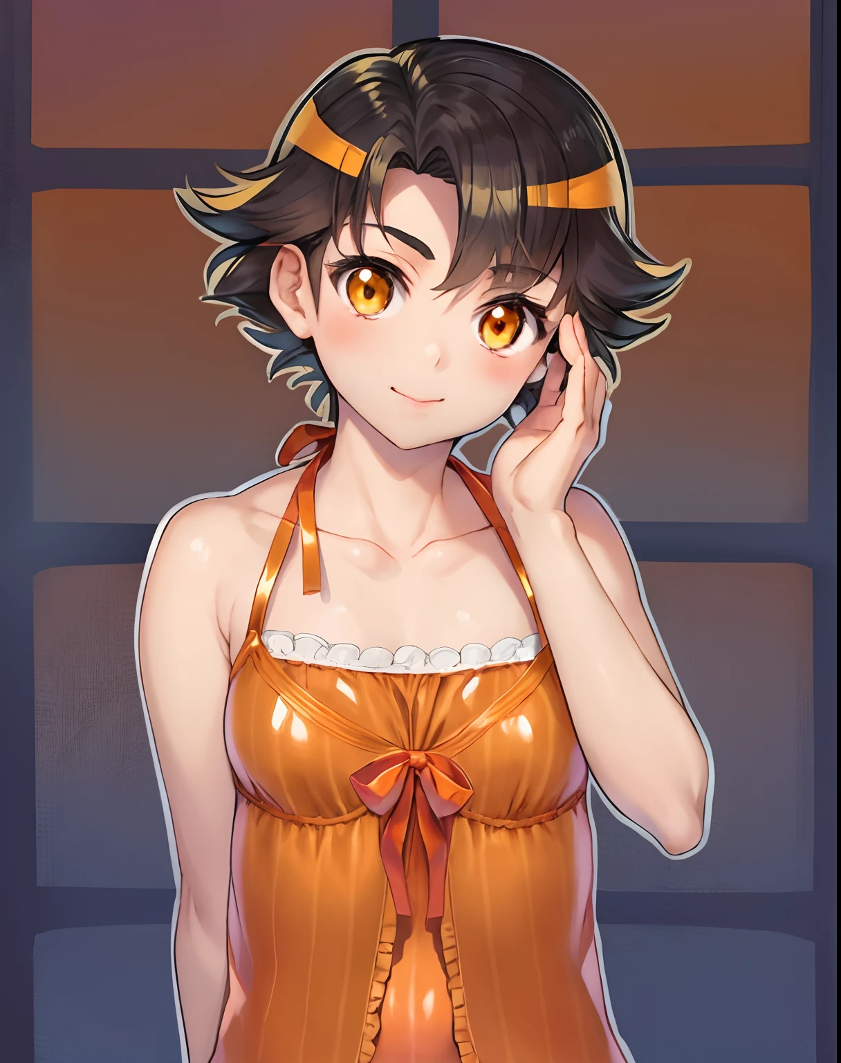 Anime boy in lingerie with orange bow on his head, aya takano color style, Makoto, Rin,  marin kitagawa fanart,  Shota, natsumi mukai artwrok