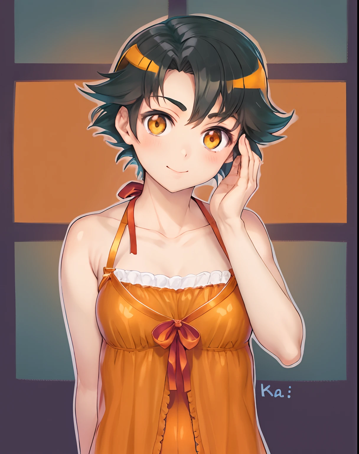 Anime boy in lingerie with orange bow on his head, aya takano color style, Makoto, Rin, marin kitagawa fanart, Shota, natsumi mukai artwrok