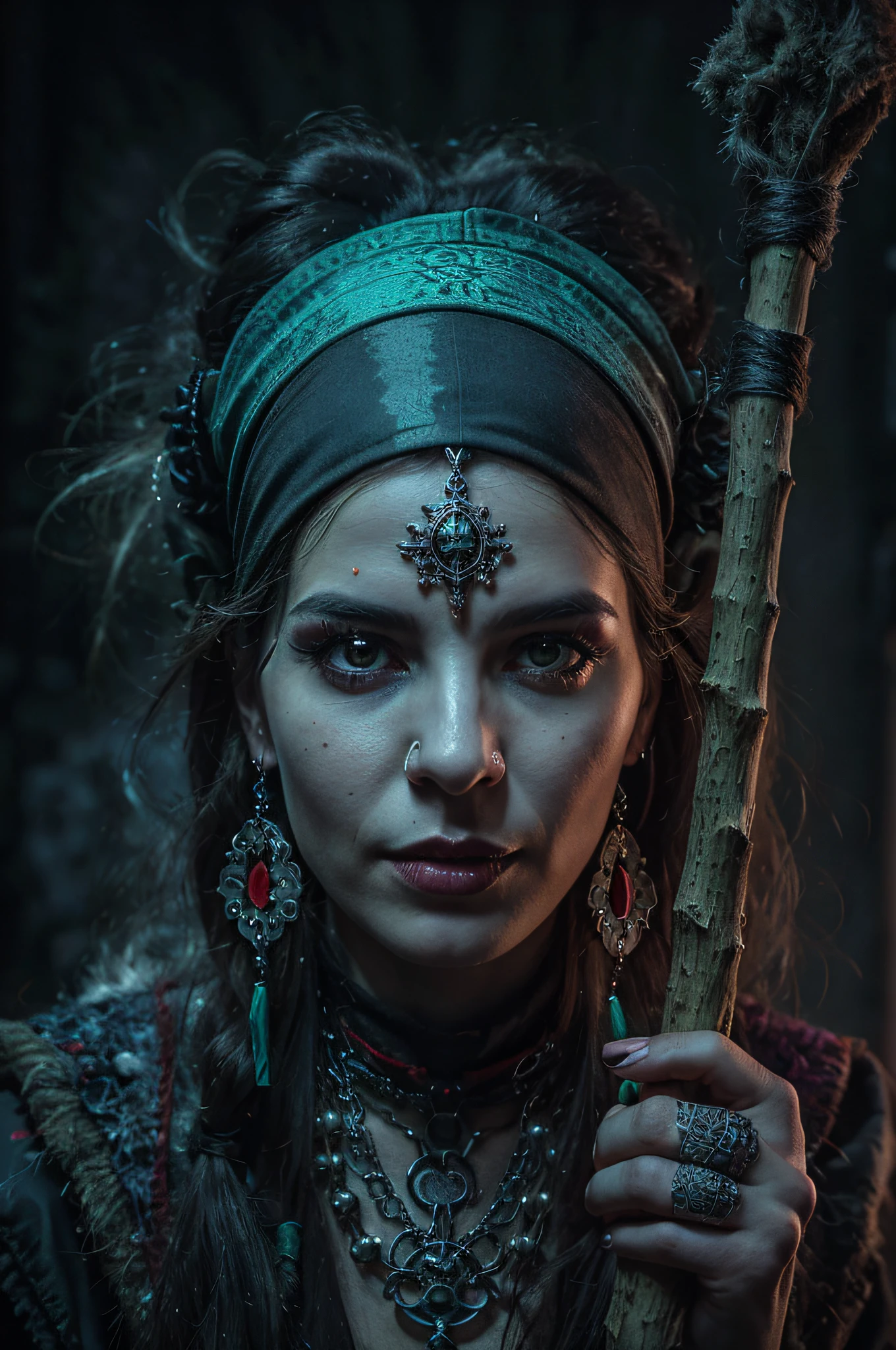 a close up of a person with a stick in their hand, detailed matte fantasy portrait, shaman witch, witch - doctor, gothic maiden shaman, portrait of a digital shaman, dark but detailed digital art, portrait of a female necromancer, portrait of the old necromancer, by Adam Marczyński, portrait of a holy necromancer, perfect eyes,