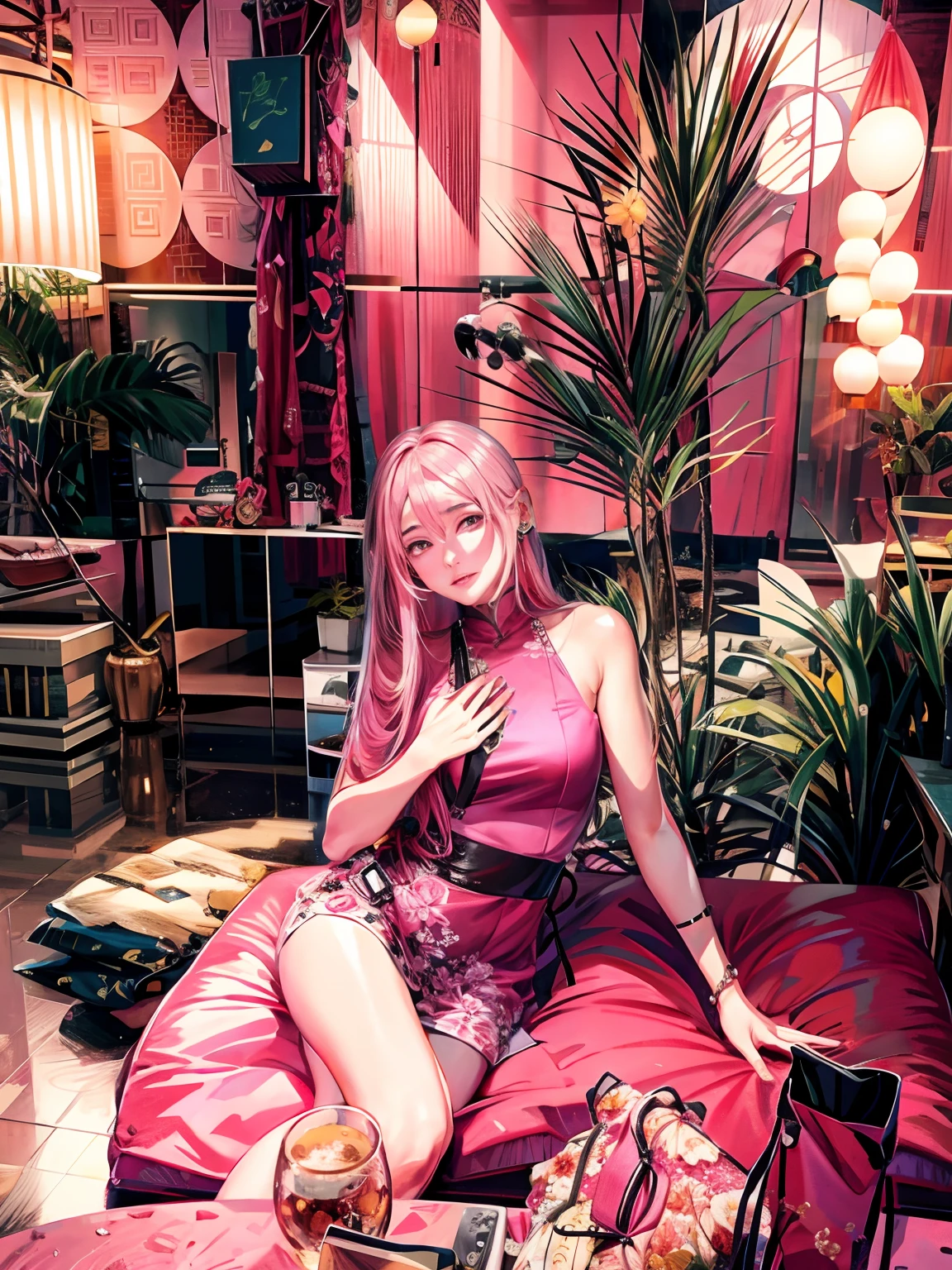 Alafi woman in pink dress sitting on sofa on pink background, xintong chen, belle delphine, gorgeous chinese models, xision wu, full-body xianxia, trending at cgstation, trending on cgstation, wenfei ye, jaeyeon nam, shaxi, chengyou liu, yanjun cheng, taken in 2 0 2 0