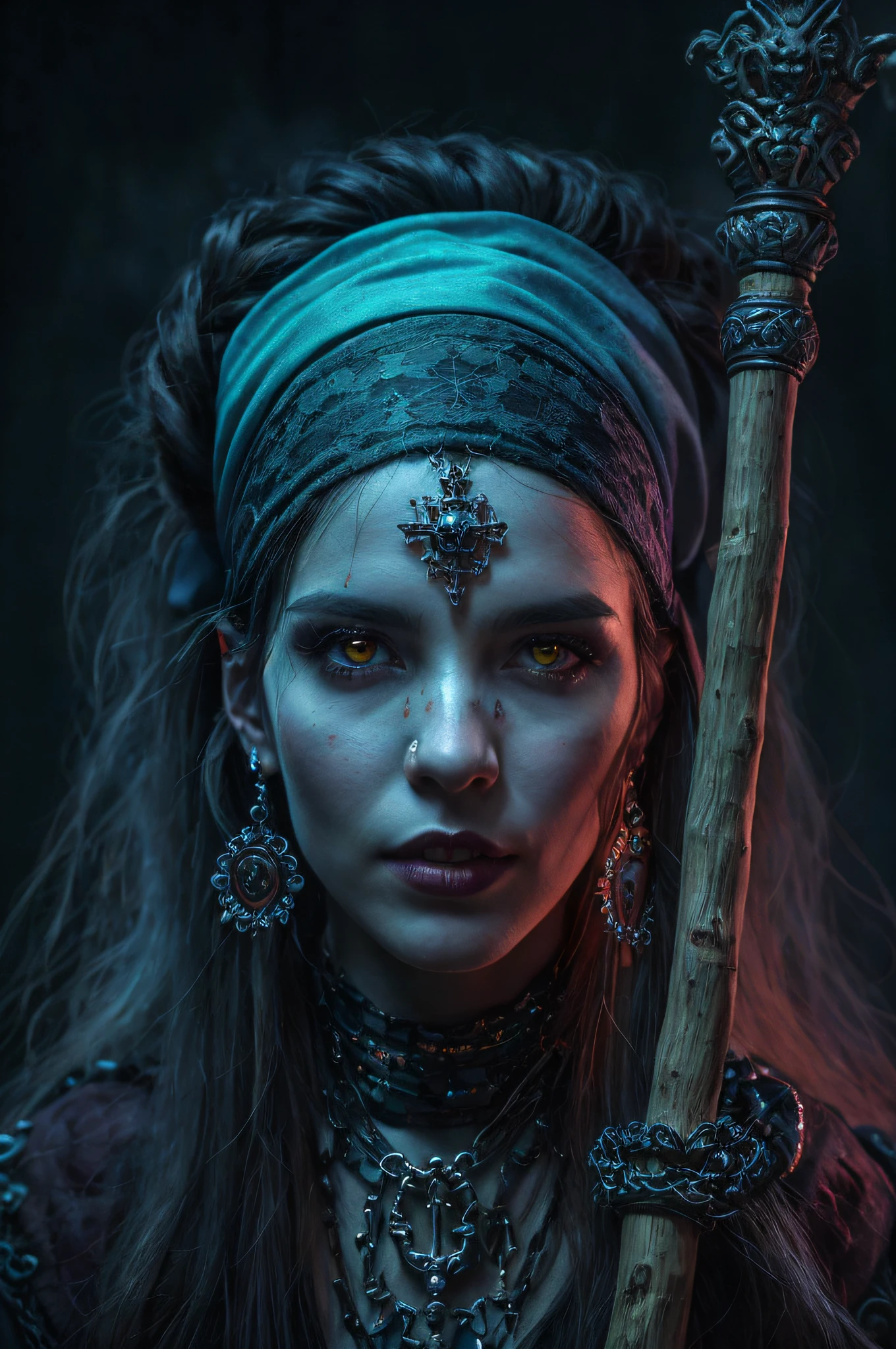 a close up of a person with a stick in their hand, detailed matte fantasy portrait, shaman witch, witch - doctor, gothic maiden shaman, portrait of a digital shaman, dark but detailed digital art, portrait of a female necromancer, portrait of the old necromancer, by Adam Marczyński, portrait of a holy necromancer, perfect eyes,