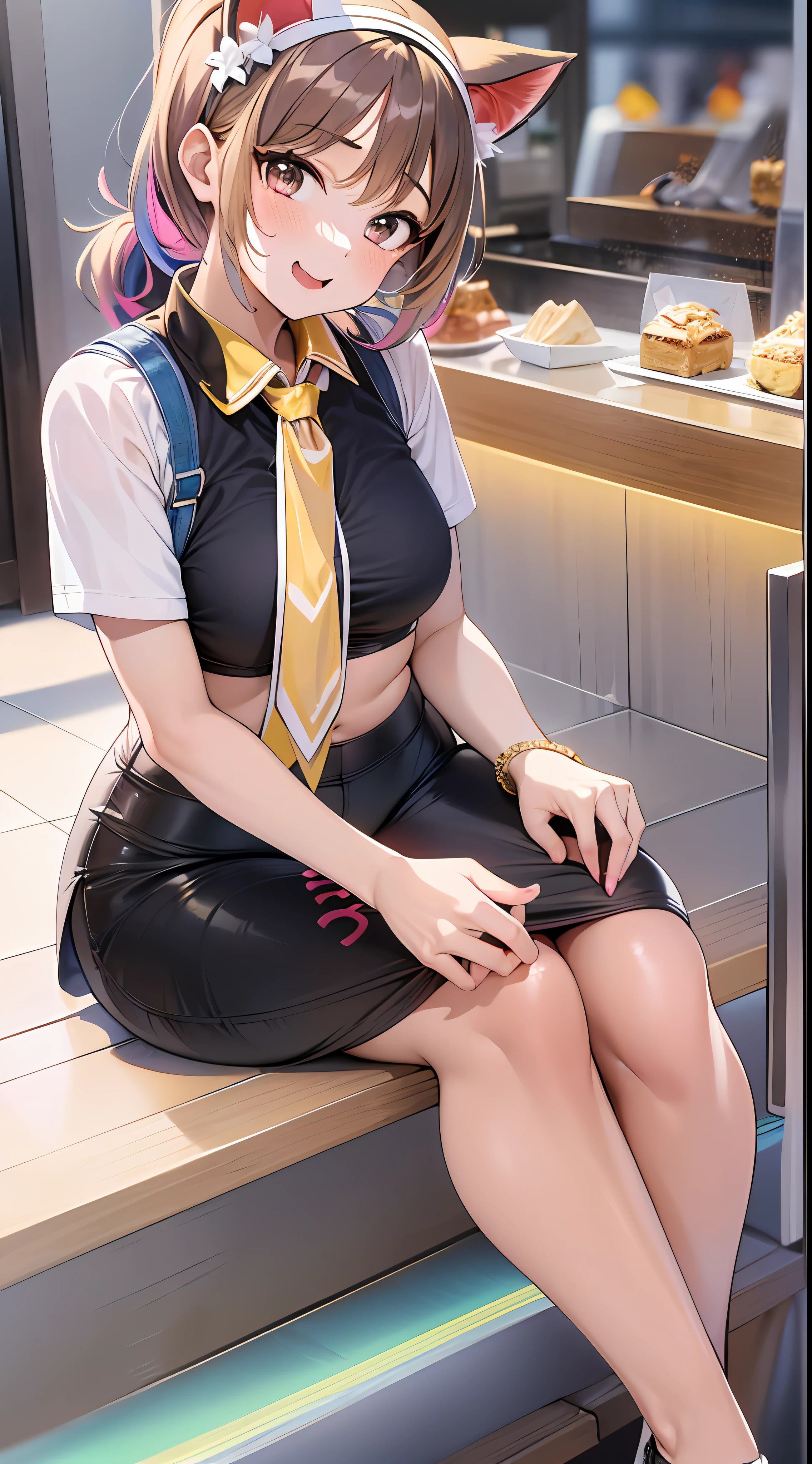 ((Masterpiece)), best quality, absurderes, ultra detailed, holographic, cowboy shot, dynamic pose, golden ratio, super cute girl, mature girl, extremely beautiful, super beautiful asian girl with super beautiful brown shiny eyes, super petite and sexy body, super beautiful legs, super beautiful brown multicolored short hair, high ponytail, shiny and super beautiful skin, nice and sexy body, slim and delicate body, perfect body, wearing a super tight black short sleeve crop top, bare shoulders, super tight translucid black leggings, hot panties, fox hairband, being photographed in a popular kawaii food court