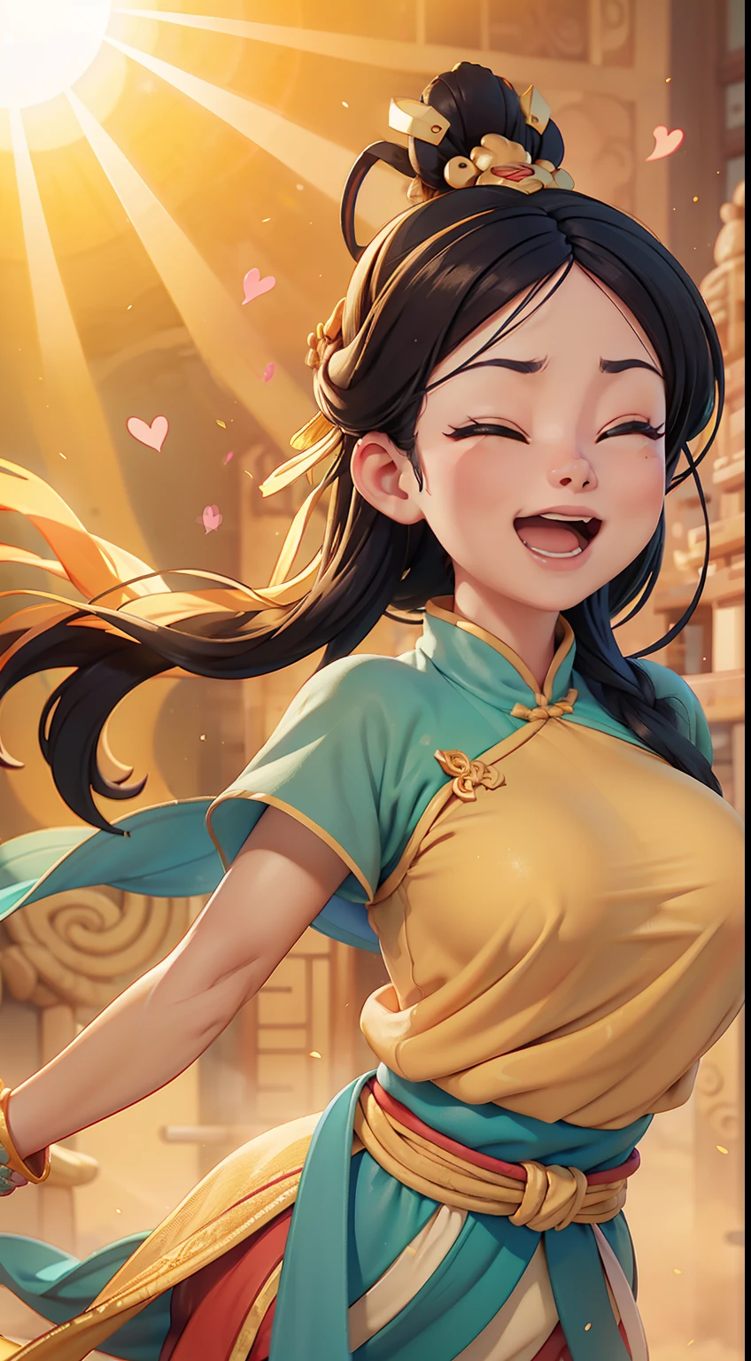 A girl, Comfortable sweater, Upper body, (huge Laughing:1.1), (Open mouth:1.1), (opens his eyes wide:1.2), Sun glare, Bokeh, Depth of field, The background is blurred out, Light particles, strong winds, (Heart particles:1.1),dunhuang,Chinese Ancient Times，Fly up