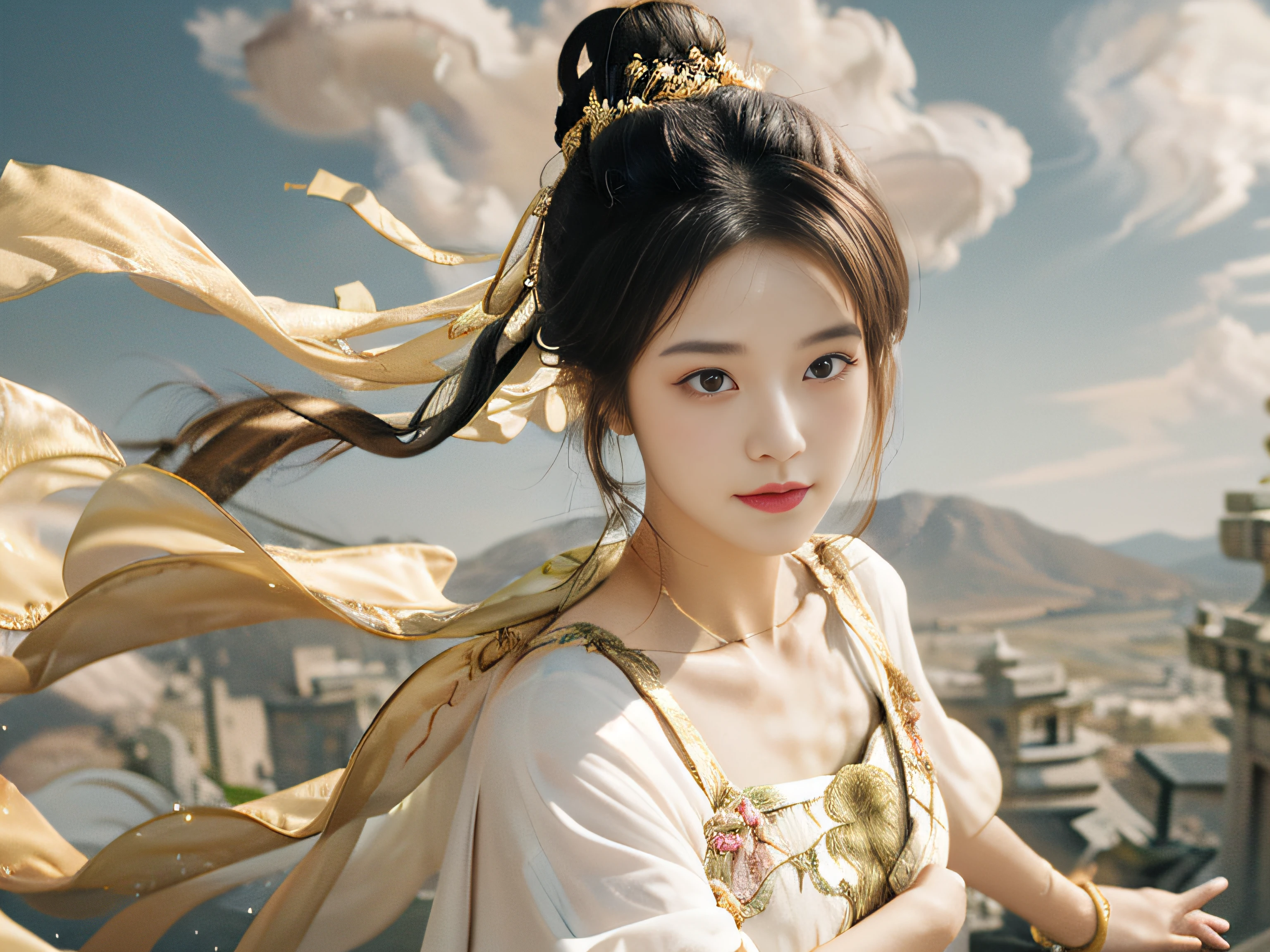 masterpiece,ultra realistic,32k,extremely detailed CG unity 8k wallpaper, best quality, 1 girl, (White robe), In a captivating scene, Exquisite and beautiful features, Big eyes look at you, Dance, Dunhuang costumes, Dunhuang style, Arms, Dance with the ribbon, Multicolored ribbons,golden jewelery, Ancient Chinese hairstyle, gossamer, Streamers, Flying in the air,Light makeup, eye shadows, Brow line, (face), dynamics, Petals flying, Details, jewelry, Earrings, bangle, bshoulders, Complex textures, chest, Guqin, conduit, Natural expression, Charming smile, A beautiful woman in a flowing white Chinese robe is flying in the air, Soar through the clouds. The wind gently lifts her robe, Emphasize the feeling of flying,As they fly gracefully over the ethereal cloud scene