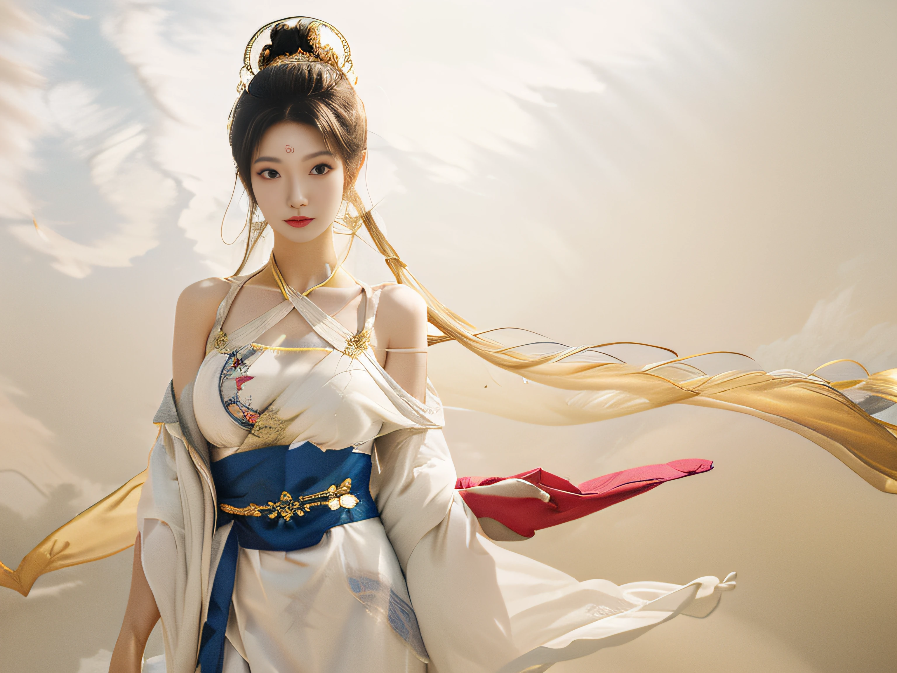 masterpiece,ultra realistic,32k,extremely detailed CG unity 8k wallpaper, best quality, 1 girl, (White robe), In a captivating scene, Exquisite and beautiful features, Big eyes look at you, Dance, Dunhuang costumes, Dunhuang style, Arms, Dance with the ribbon, Multicolored ribbons,golden jewelery, Ancient Chinese hairstyle, gossamer, Streamers, Flying in the air,Light makeup, eye shadows, Brow line, (face), dynamics, Petals flying, Details, jewelry, Earrings, bangle, bshoulders, Complex textures, chest, Guqin, conduit, Natural expression, Charming smile, A beautiful woman in a flowing white Chinese robe is flying in the air, Soar through the clouds. The wind gently lifts her robe, Emphasize the feeling of flying,As they fly gracefully over the ethereal cloud scene