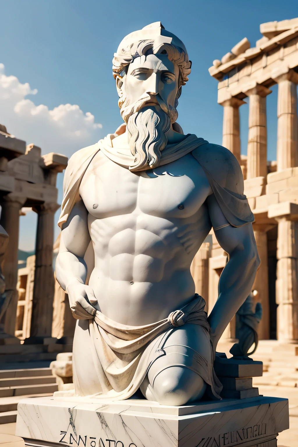 Marble statue of Zeno of Scythia teaching other ancient and old Greek men with Greek temple in the background