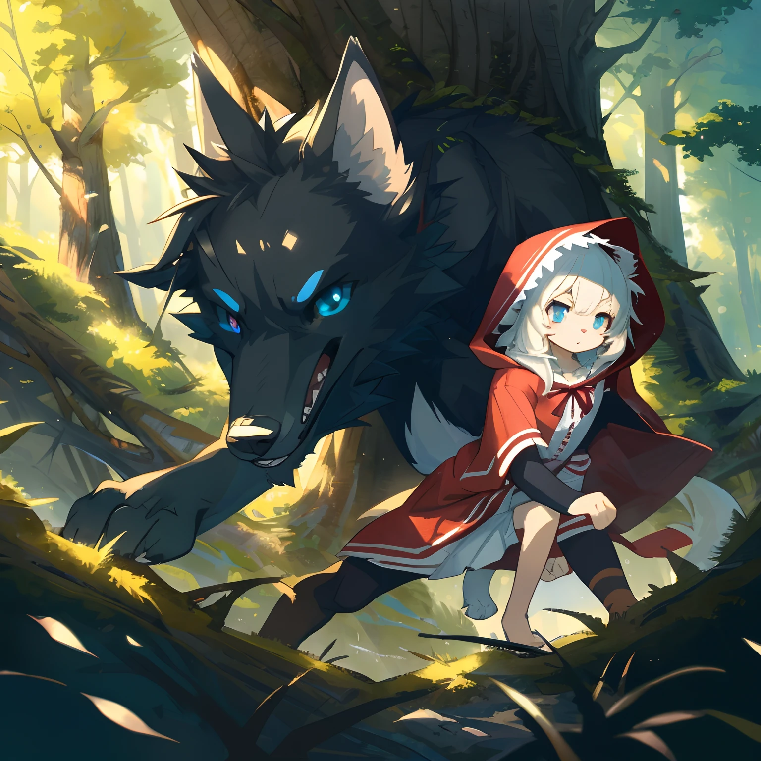 top quality, best quality, High-quality illustrations, masterpiece, super high resolution, detailed background, Little Red Riding Hood, forest, little girl, big wolf, absurdres(highly detailed beautiful face and eyes)perfect anatomy, expression, good lighting, cinematic shadow(kemono, furry anthro)assorted poses, dynamic angle,