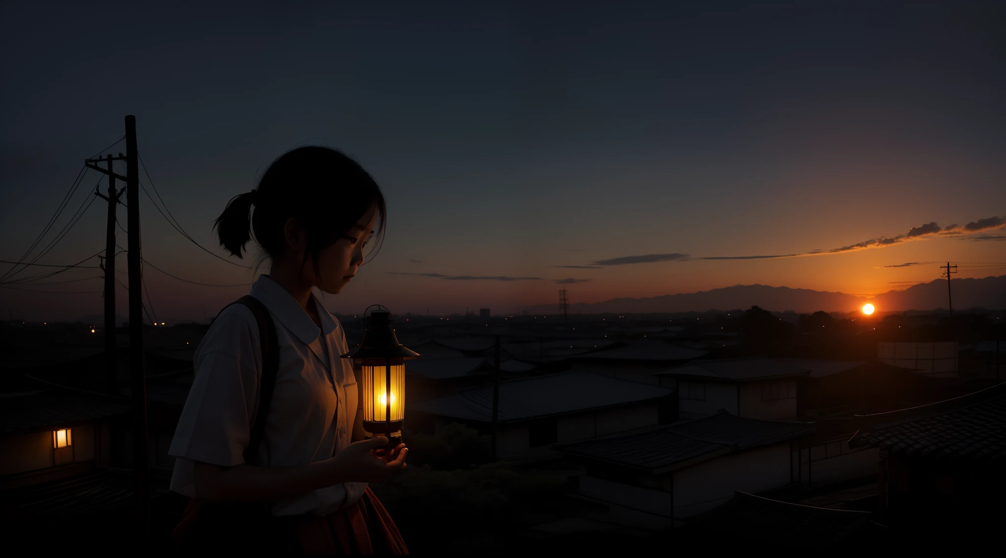 the sunset,城市,the setting sun,The colors are dim,A girl carries a kerosene lamp,The kerosene lamp glows