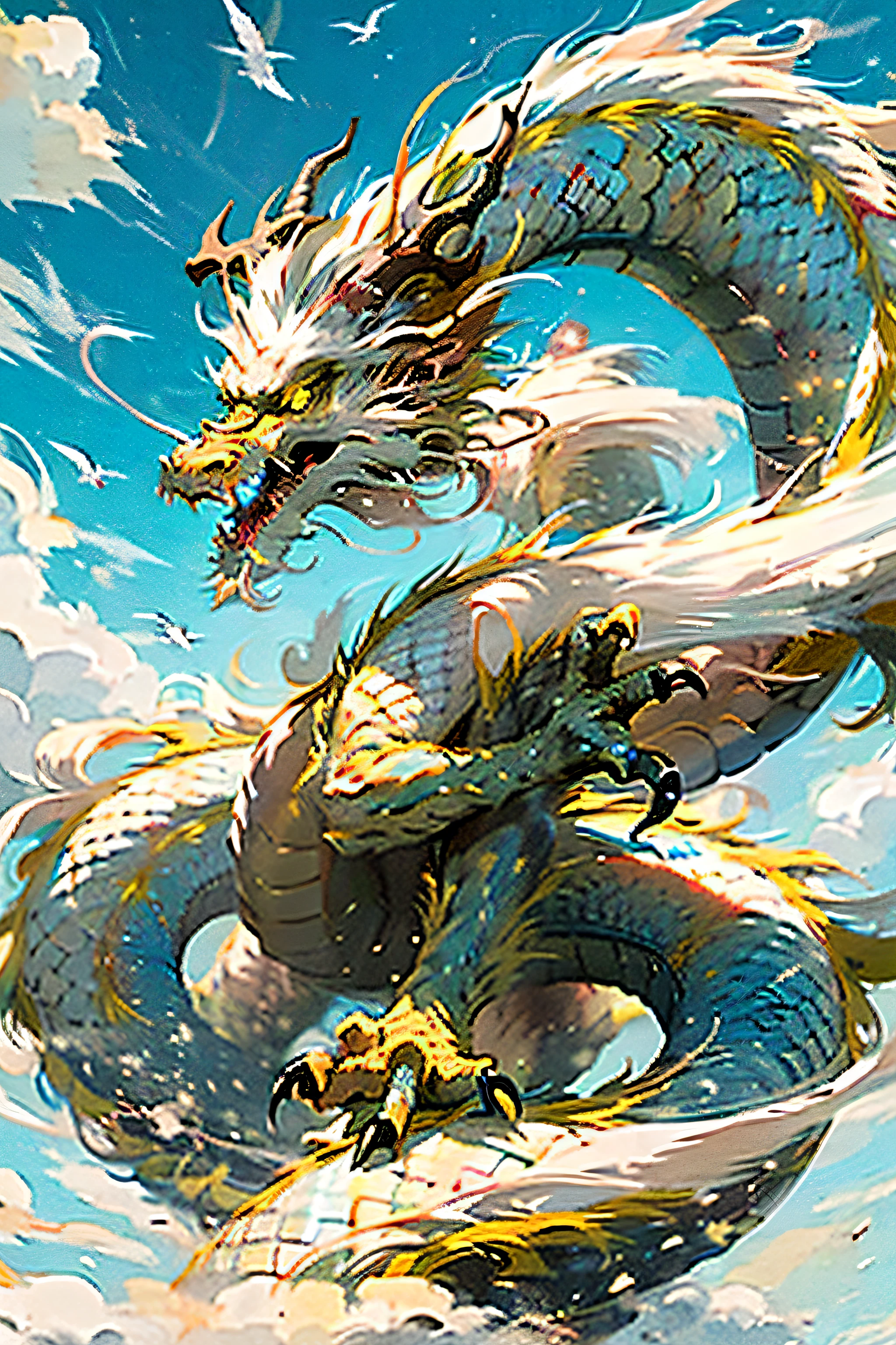 Best quality,masterpiece,ultra high res,nu no humans, (long:1.2),sky, yellow eyes, cloud, scales, eastern dragon, open mouth, sharp teeth, flying, horns, teeth, day, claws, fangs, blue sky