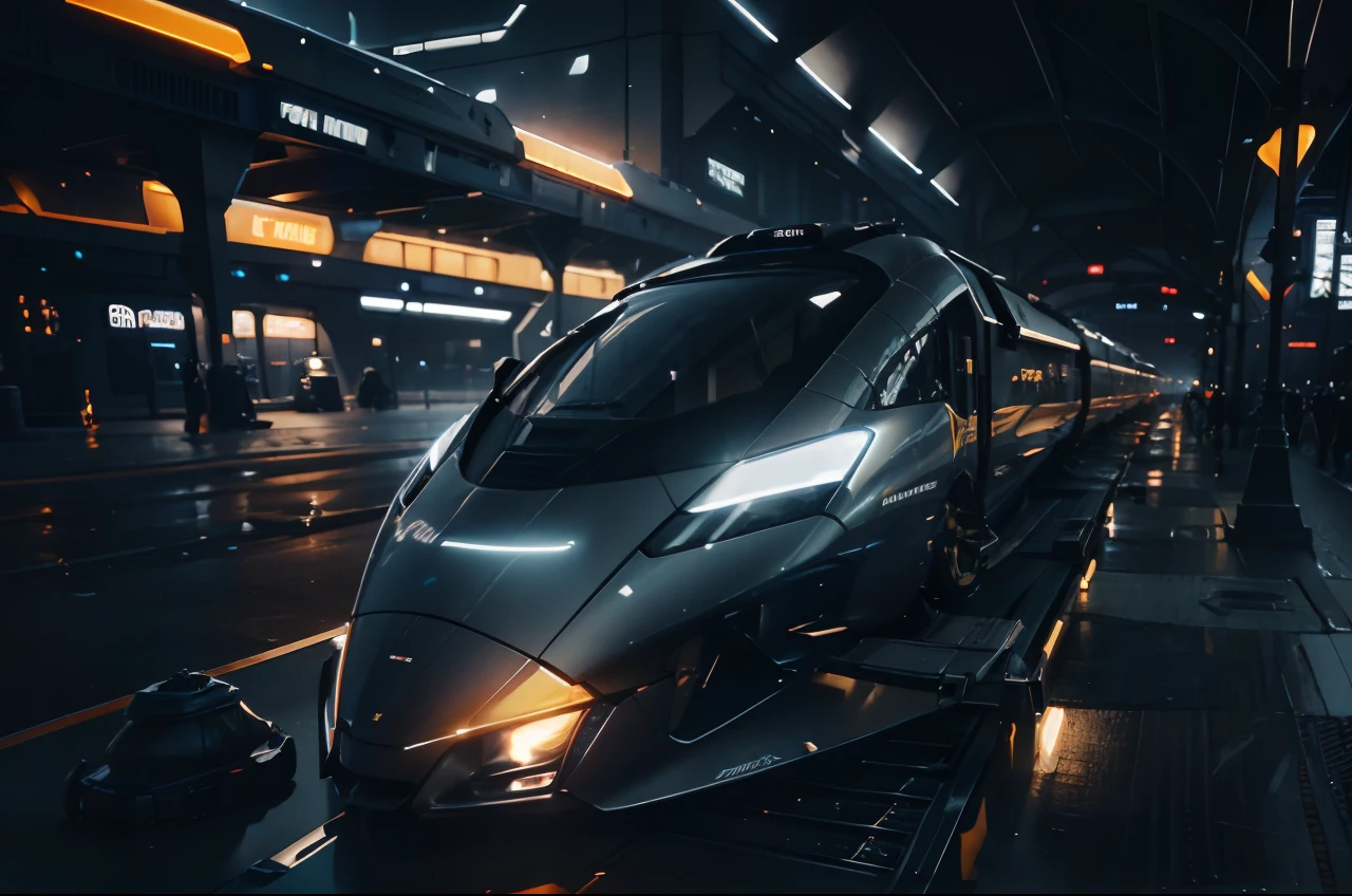 Speed line effect:1.5, Capture the futuristic network era of high-speed rail,Train,The train of the future,orbiting,An extraordinary and highly detailed artwork of the railroad tracks。The car has a stylish and futuristic design,Metal finish,Show complex lines,And decorated with vibrant neon lights。The tires emit an attractive blue electric light,Added dynamic energy of the scene:1.5。The car seems to be speeding through the cityscape at night:1.5,Buildings and skyscrapers are illuminated by dazzling lights。This high-definition masterpiece is reminiscent of Syd Mead,The best artwork by visionary artists like Daniel Simon and Scott Robertson,(((best qualtiy))),(((ultra - detailed))),(((tmasterpiece))),Wallpapers