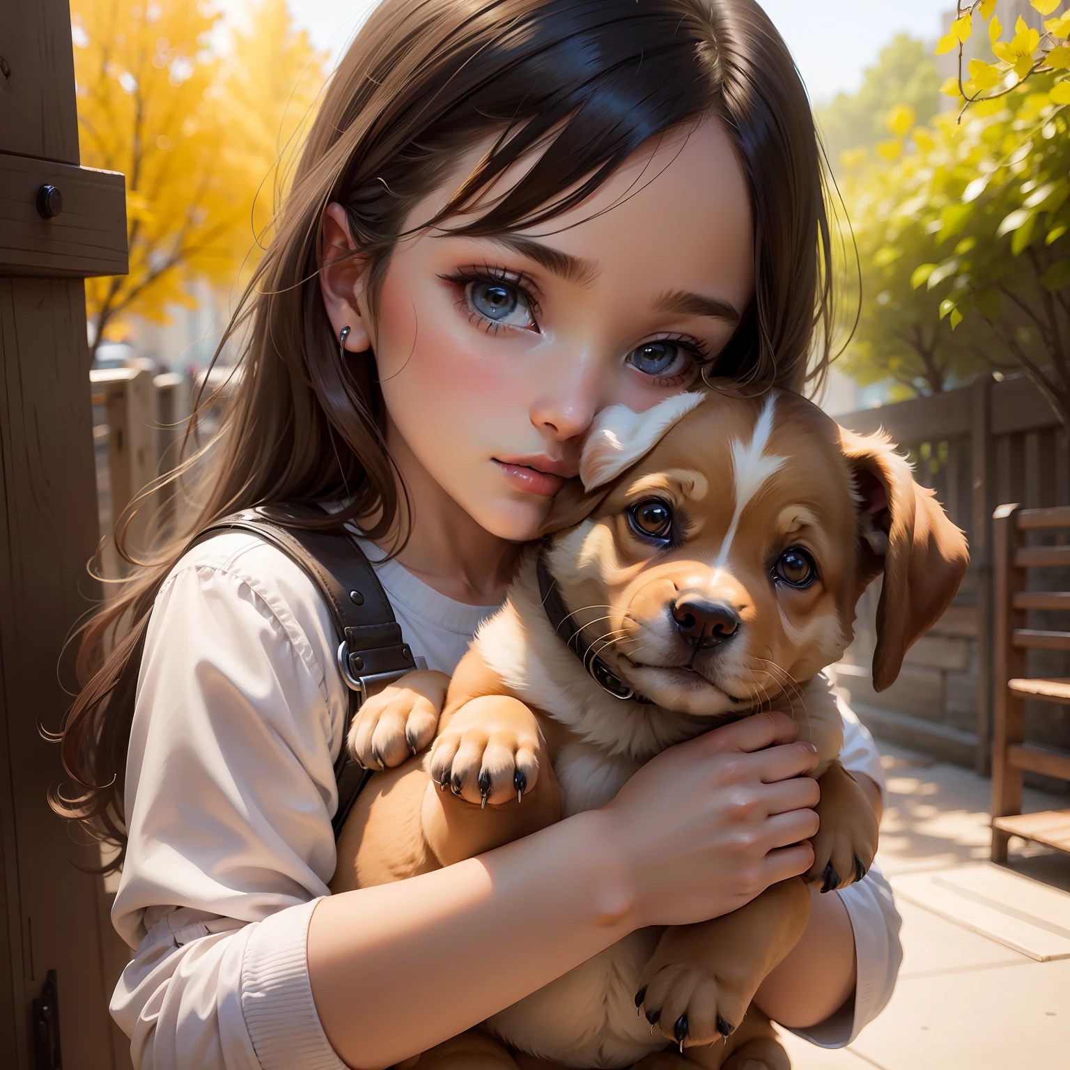 A girl, holding a puppy.