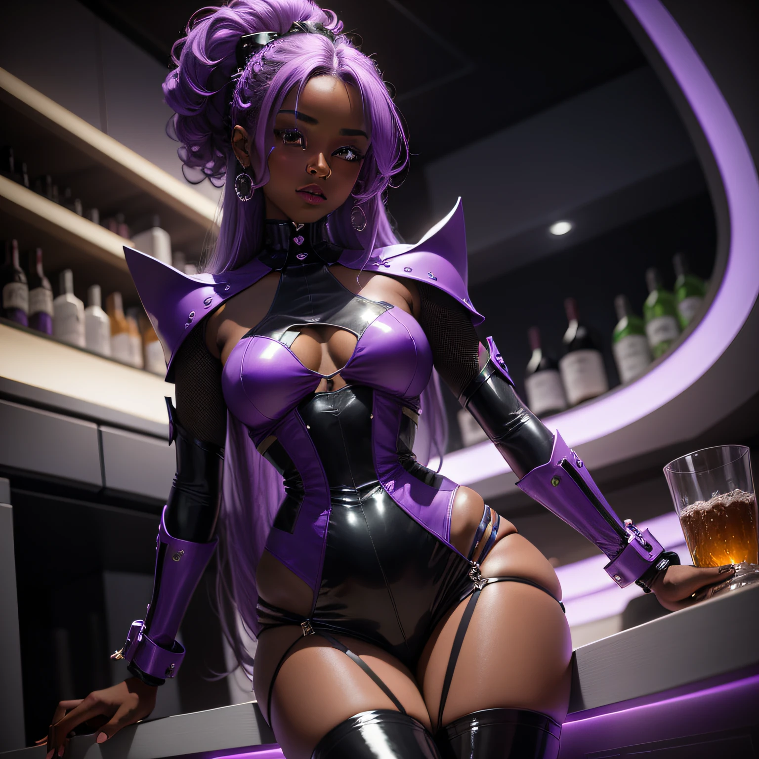Dark-skinned woman in a futuristic bar with cute hair in purple green colors with gothic clothes