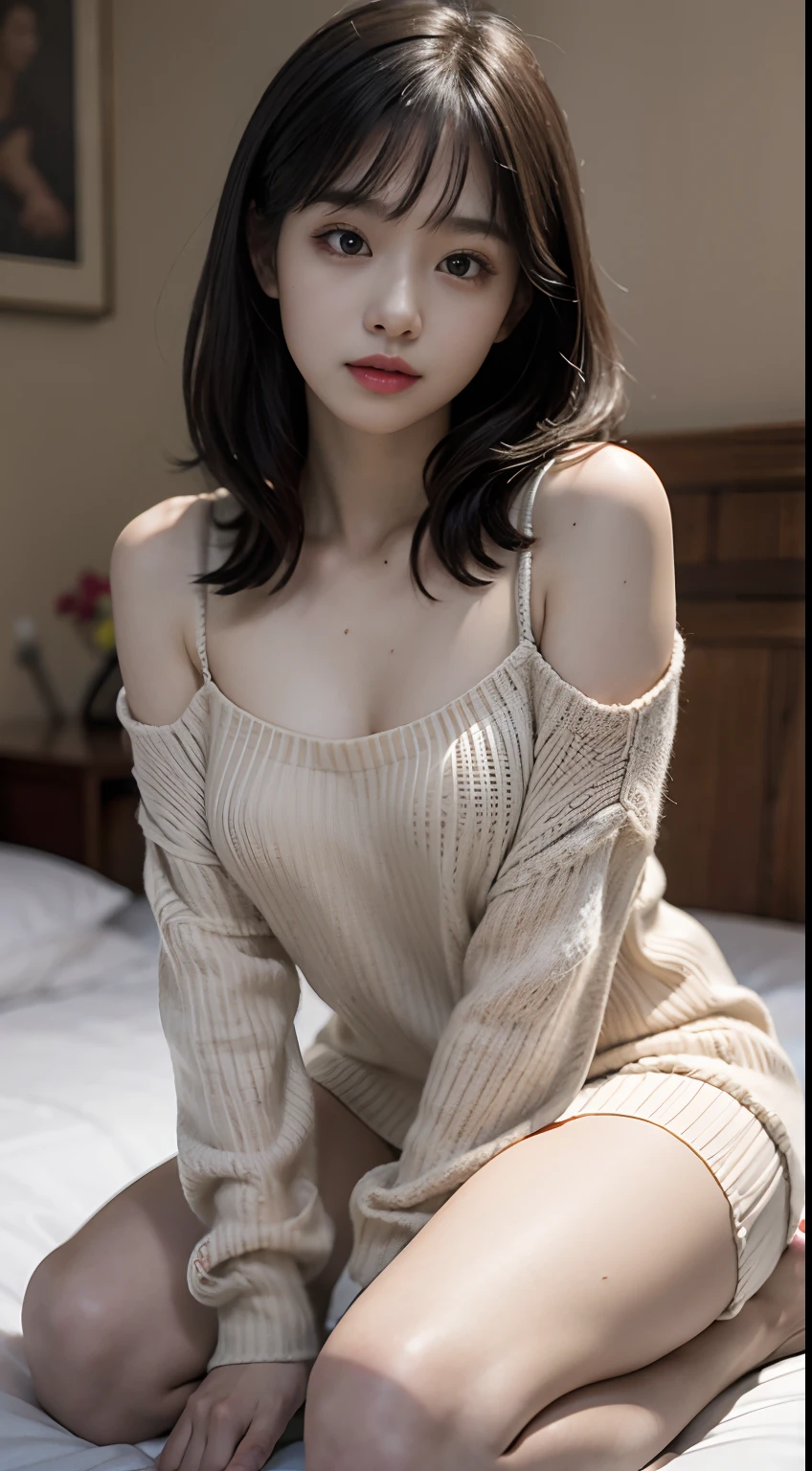 8K,top Quority,tmasterpiece,Realism,Three-dimensional feeling,adolable,physically-based renderingt,A female high school student,Chinese face,adolable,full body shot shot,Dress sweater,Slip dress,ssmile,Toothy,White skin in the red,Short black shoulder-length hair,on bedroom,kneeling on a bed。Not exposed,Medium height,with a good figure,SLR shooting,Look at the audience,Well laid out,Front Shooting