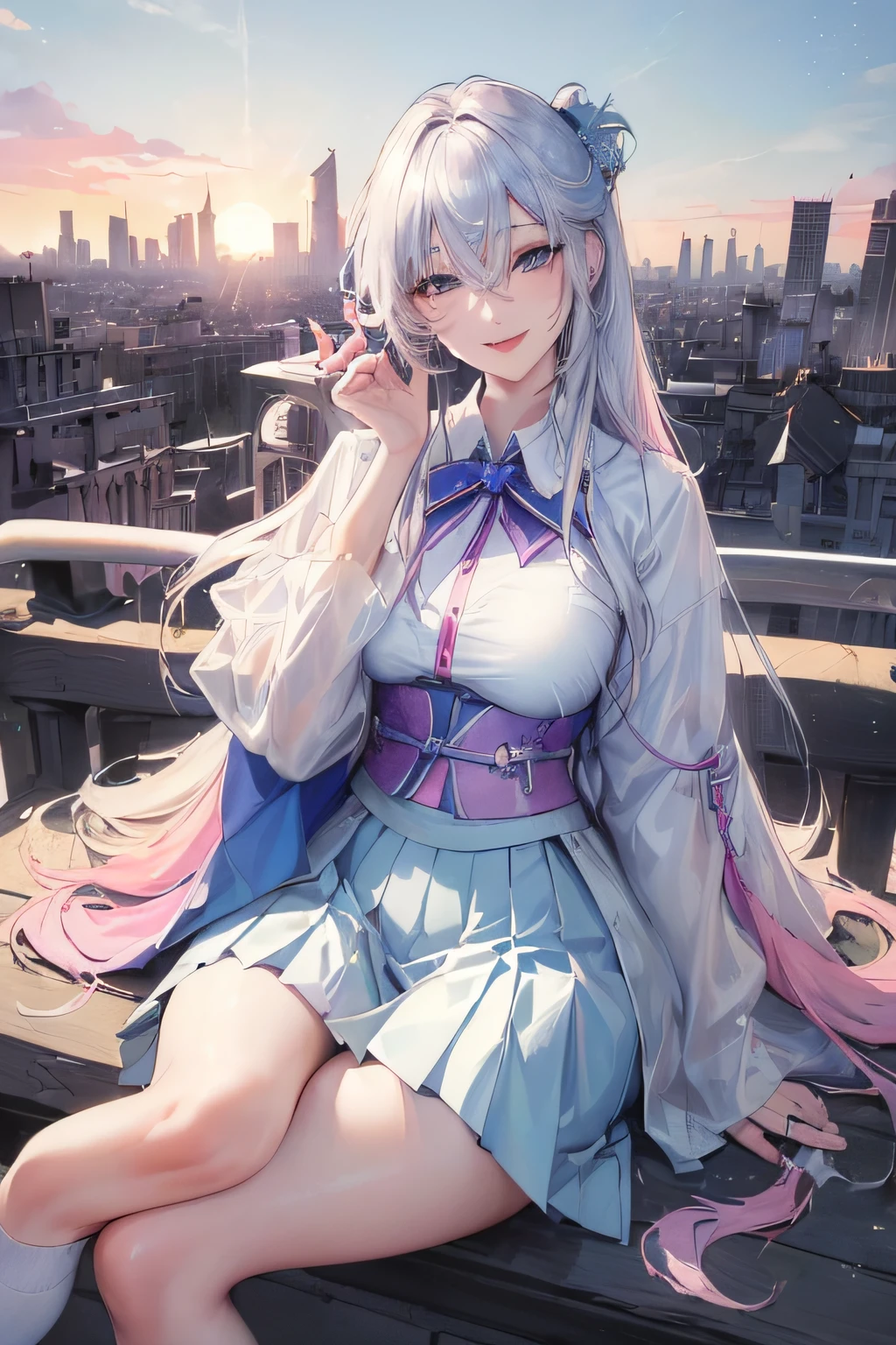 official art, masterpiece, sharp focus, (beautiful gorgeous cute Korean woman:1.3), (beautiful cute korean:1.3), korean beauty, Delicate and beautiful hair and eyes and face, realistic, ultra detailed, beautiful girl, blue sky, glow white particle, (sidelighting:1.2), sun light, white cloud, detailed clouds, slender, Lovely very large breasts and very large hips, smile with teeth, ((smile with eyes, open both eyes)), scenery, long straight hair, sexy facial expression, building, (cityscape:1.7), dynamic hair, long straight hair, detailed platinum pink hair, glow blue eyes, (blue pleated shirts + white skirt), white long socks, pale skin, hair ornament, epic scenery,