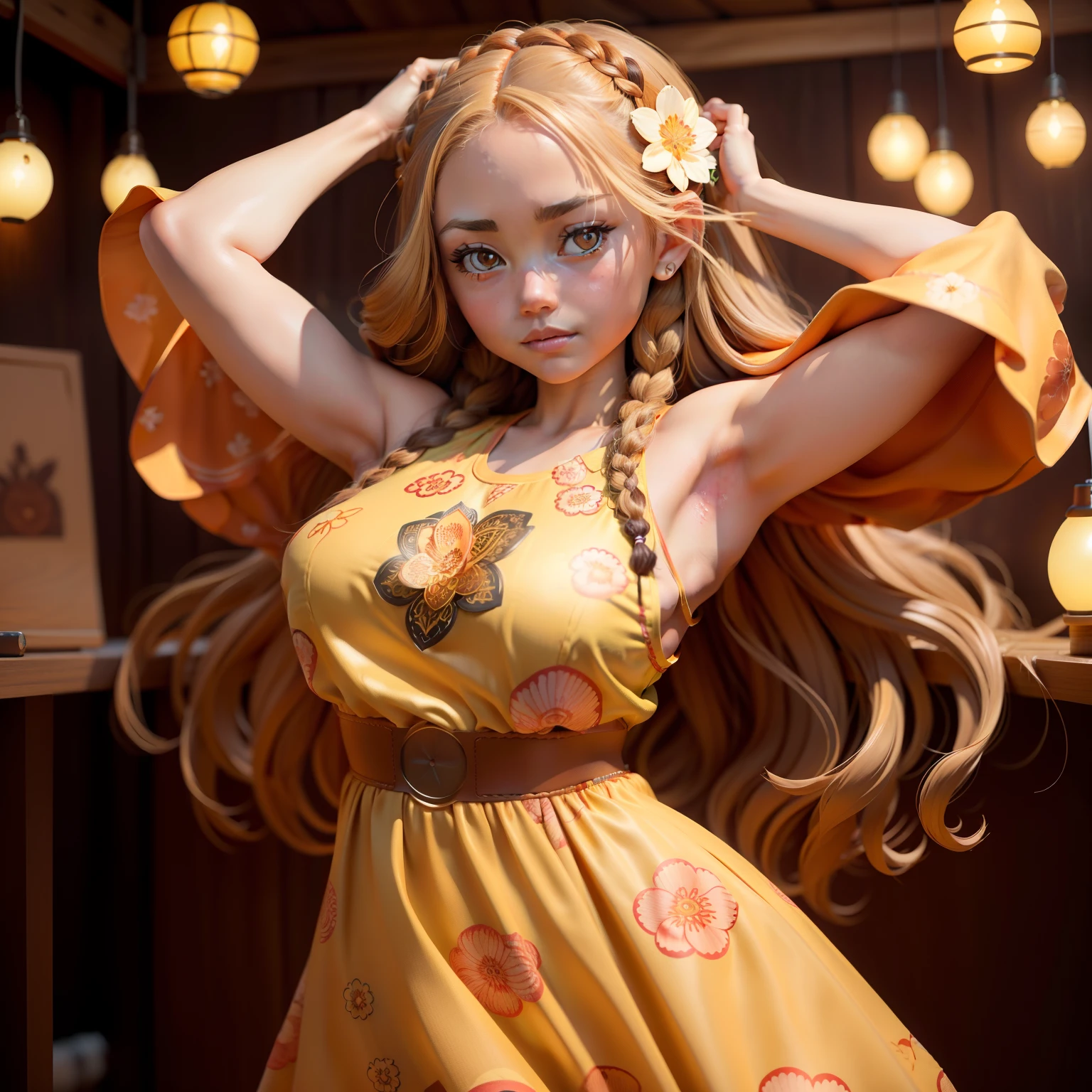 masutepiece,A beautiful and cute girl,long hair braided in apricot color,,,,Light brown glowing eyes,retro flower print dresses,(upperbody shot:1.5) Flower-shaped zentangle,Photo 8k