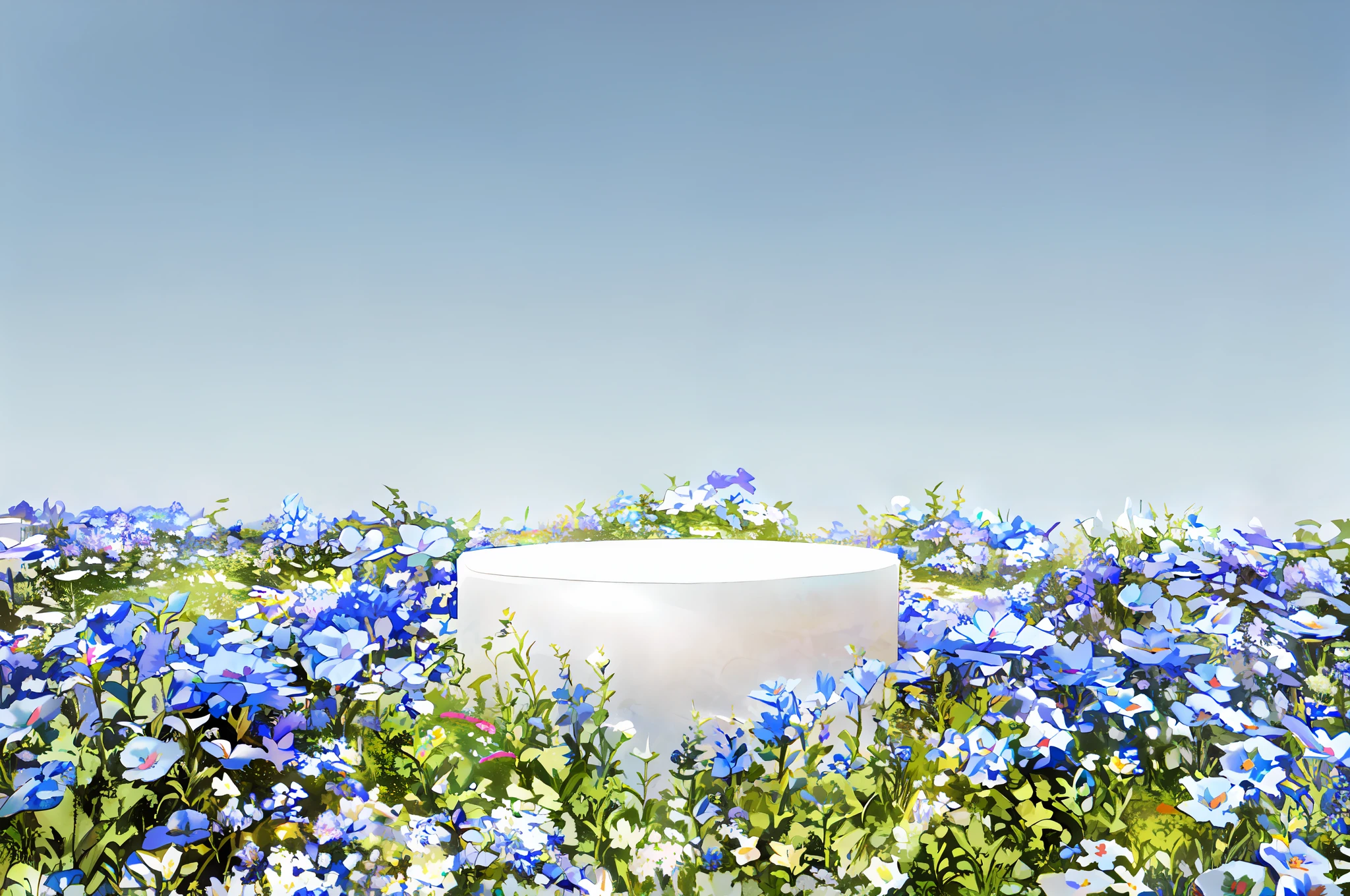 There is a white vase in a blue flower garden, flowers inside of a marble, an aesthetic field of flowers, flowerfield background, On a marble pedestal, Garden on flower background, with flower fields as foreground, blue flower field, flowers in background, Meadow with flowers, Black Box of Wildflowers, floral environment, highly photographic render