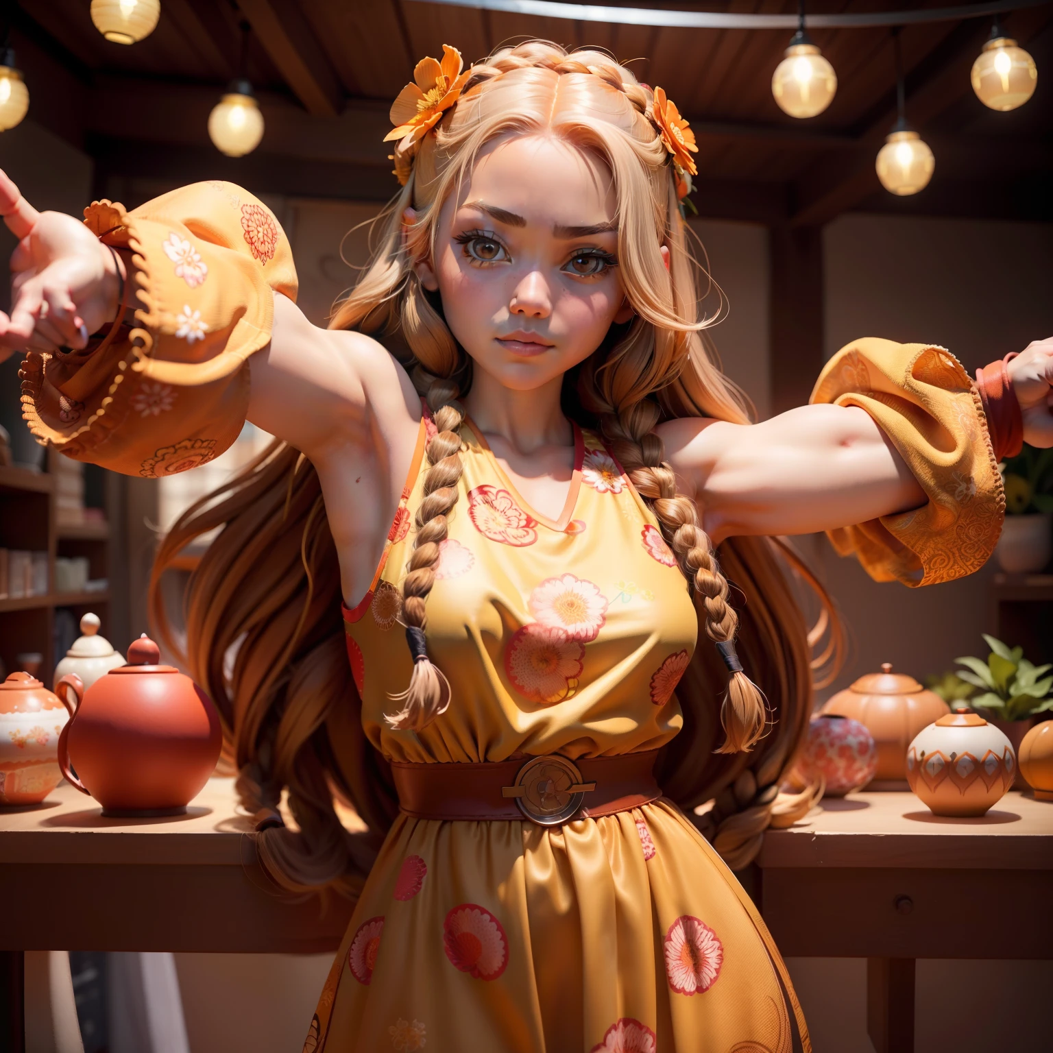 masutepiece,A beautiful and cute girl,long hair braided in apricot color,,,,Light brown glowing eyes,retro flower print dresses,(upperbody shot:1.5) Flower-shaped zentangle,Photo 8k